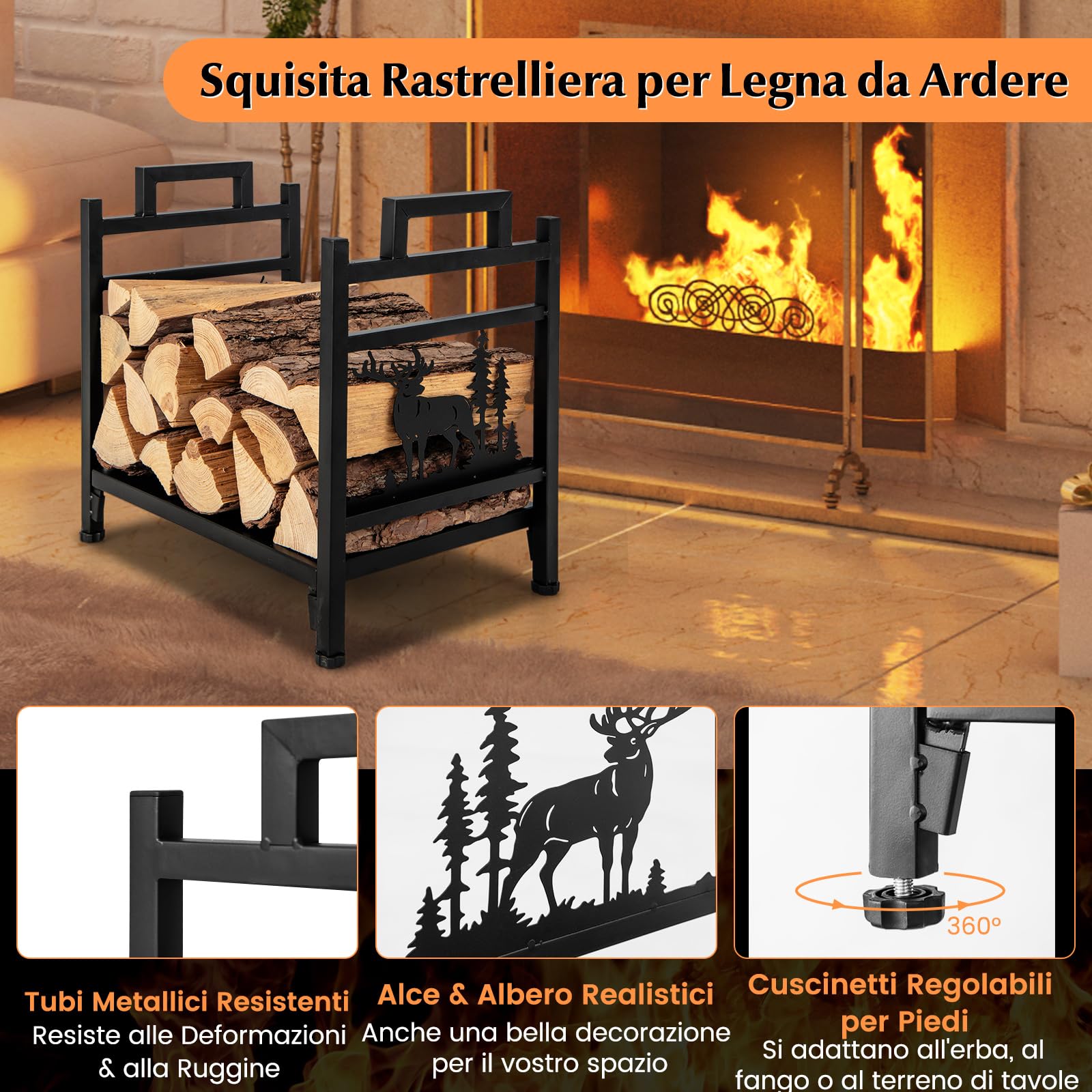 COSTWAY Porta Legna in Metallo, Portalegna con Doppia Impugnatura, Base Solida e Motivi Adorabili di Cervi e Alberi, Legnaia da Interno Esterno, Installazione Senza Attrezzi, Portata 60 kg