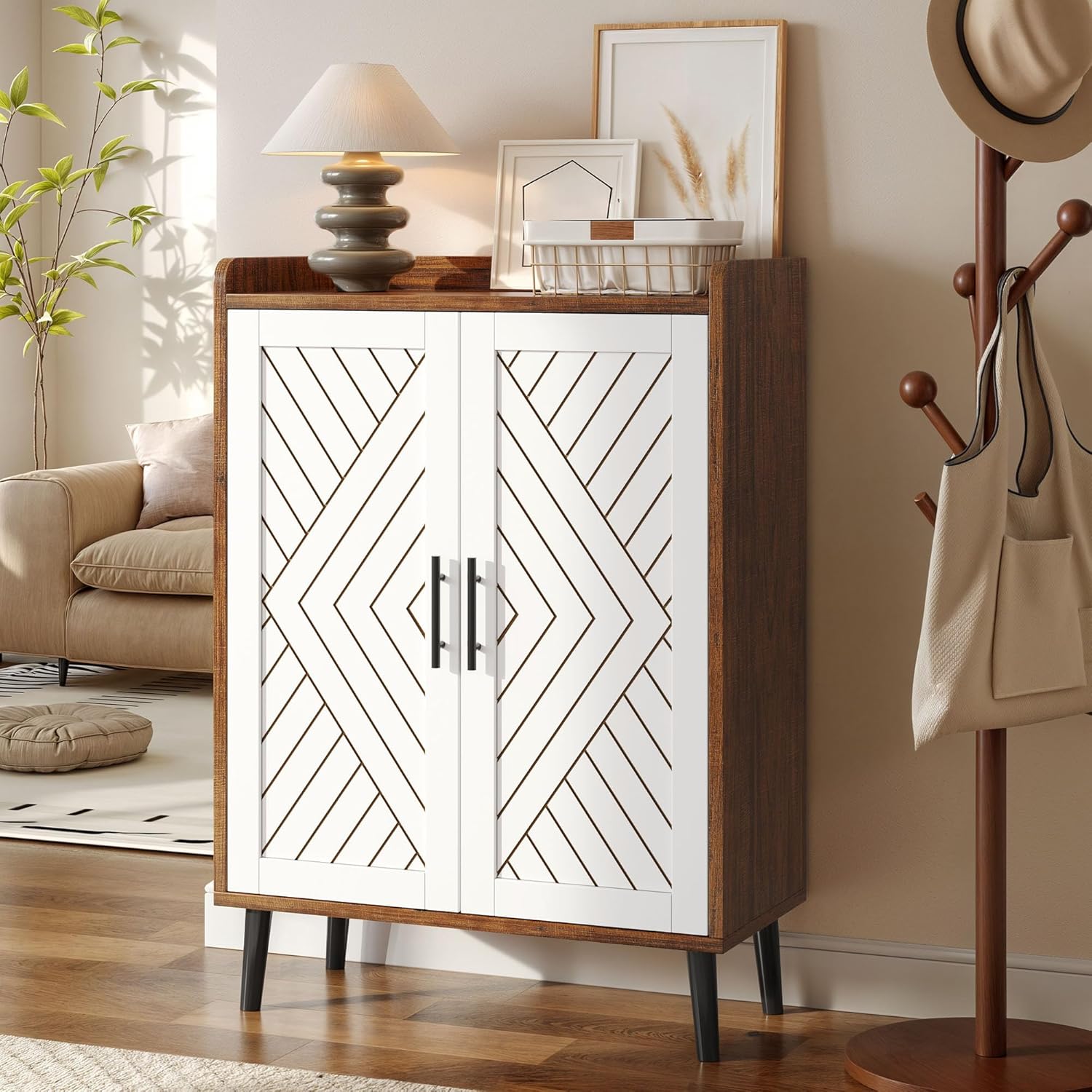 YITAHOME Shoe Cabinet with Doors, 5-Tier Shoe Storage Organizer with Adjustable Shelves, Modern Freestanding Wooden Shoe Rack Cabinet for Entryway, Hallway, Closet, Living Room, Brown & White