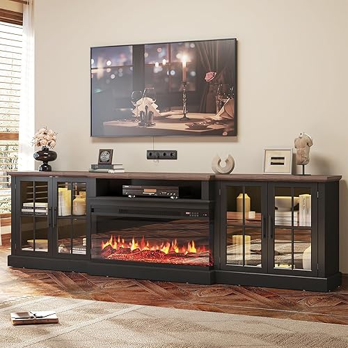 Nordivale 98" Farmhouse TV Stand with 36" Fireplace for TVs up to 100", Media Entertainment Center with Adjustable Shelves and Large Storage Cabinets, for Living Room, Black & Black