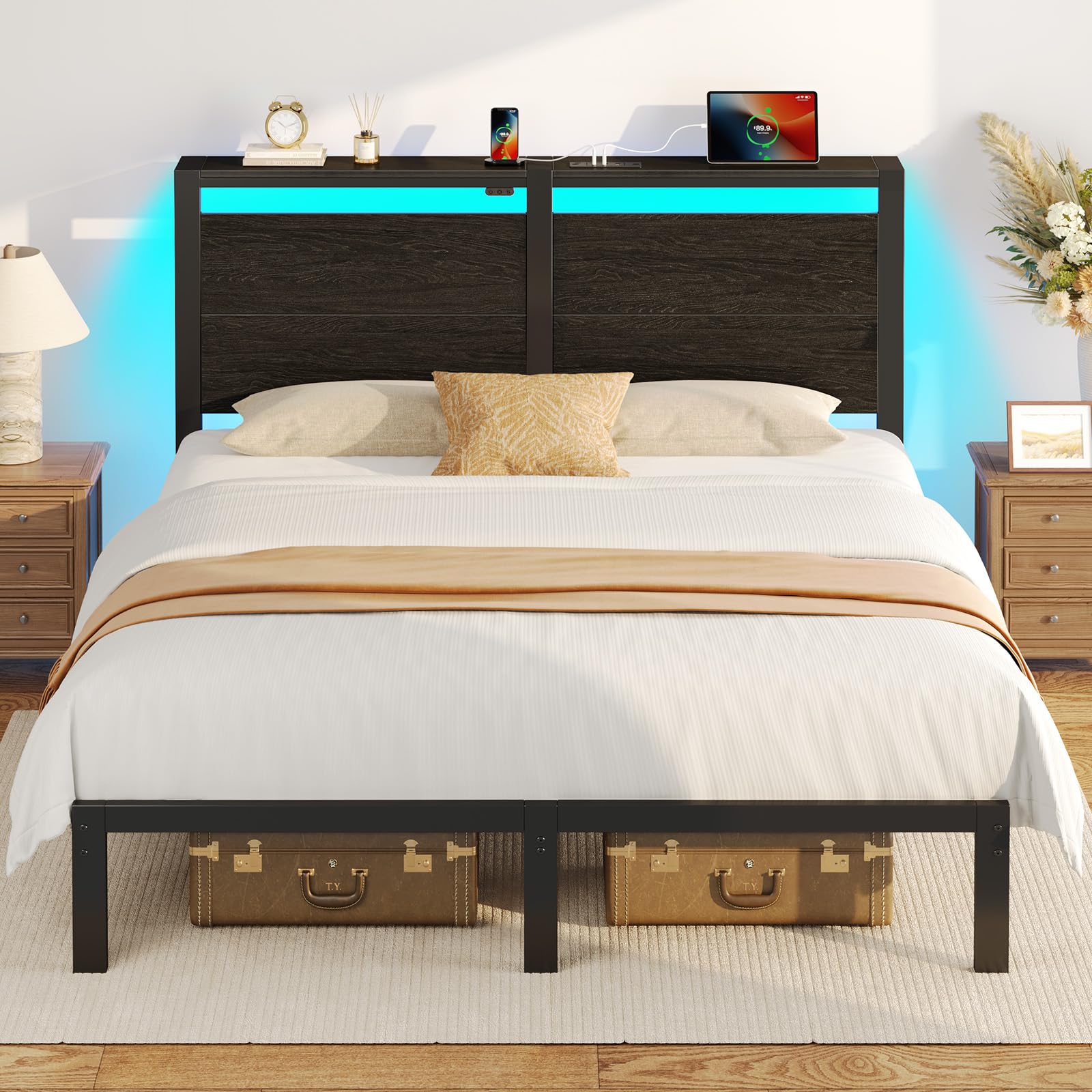 Rolanstar Queen Bed Frame with Headboard, Bed Frame Queen Size with LED Lights, Camas Queen Size Bed with Charging Station, Solid Metal Slats, Noise Free, No Box Spring Needed, Black Oak