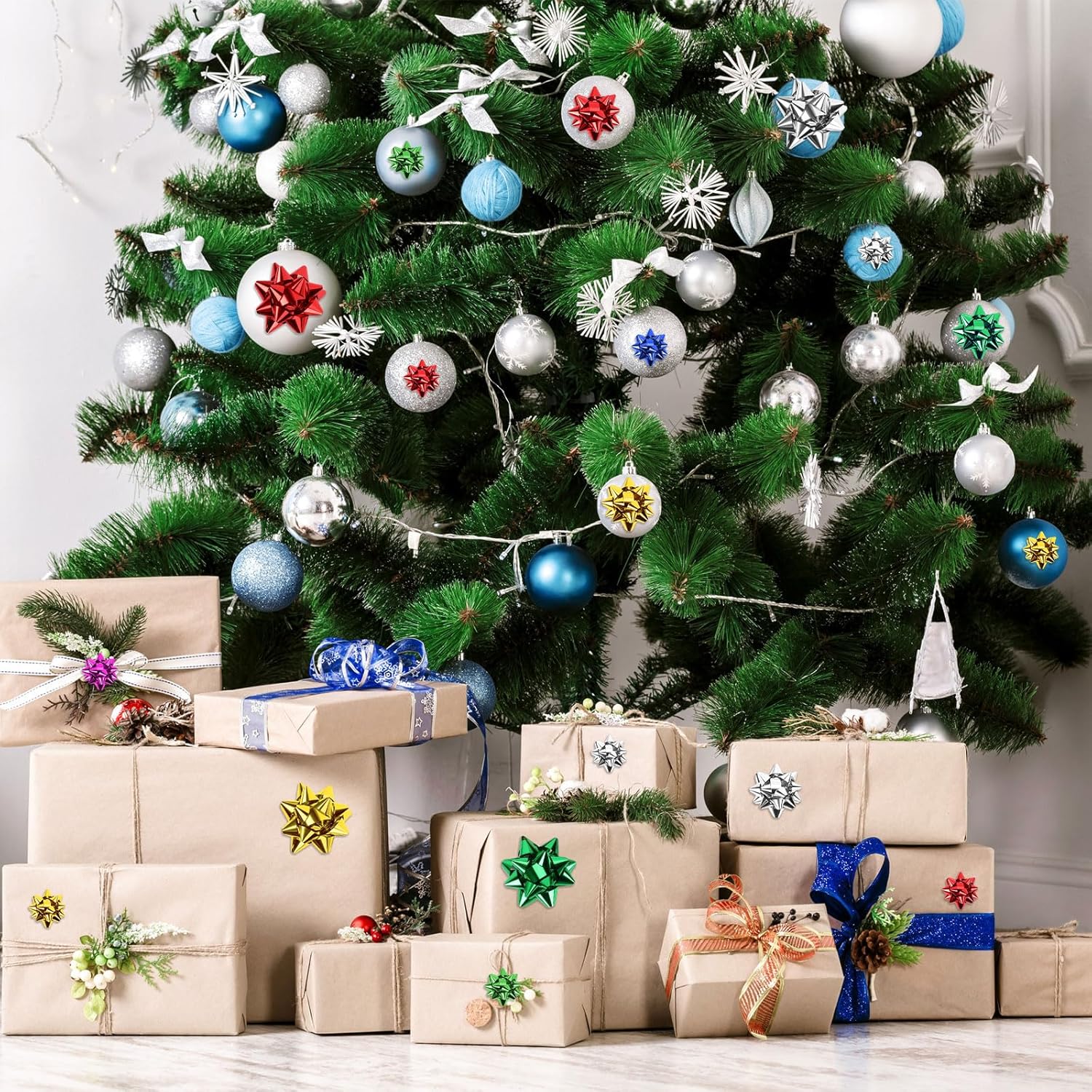 DECYOOL 1 Inch Mini Gift Wrap Bows, 200pcs Christmas Red Green Gold Silver Self Adhesive Metallic Bows for Holiday Christmas Birthday Party Favor Packaging Decorations