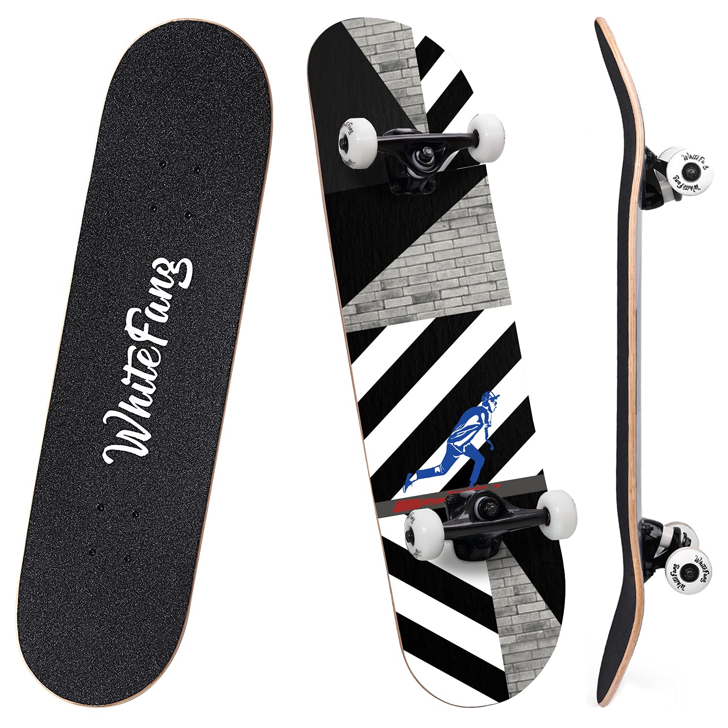 WhiteFang Skateboards for Beginners, Complete Skateboard 31 x 7.88, 7 Layer Canadian Maple Double Kick Concave Standard and Tricks Skateboards for Kids and Beginners