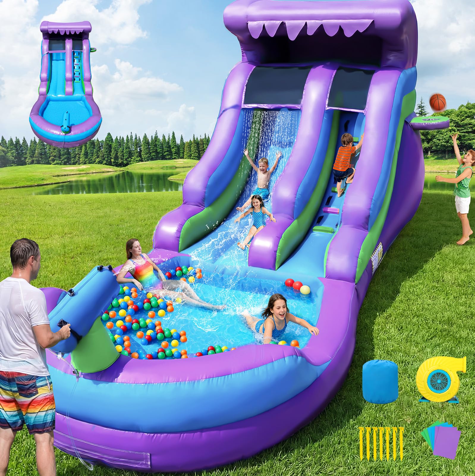 Photo 1 of GYMMALL 21FT Inflatable Water Silde Commercial 100% PVC Grade for Adults and Kids, Blow up Heavy Duty Waterslide Bounce House with 750 W Blower and Large Pool for Outdoor, Party and Rental - Purple