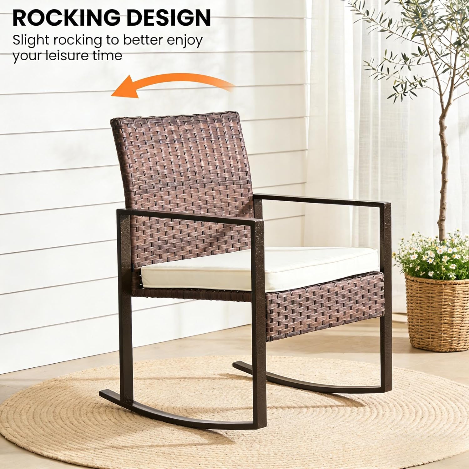 UNITED FLAMES 3 Piece Patio Wicker Rocking Chair Set, Outdoor Rattan Rocker Chairs with Cushions and Side Table, Porch Furniture Set for Balcony, Backyard, Poolside (Beige)