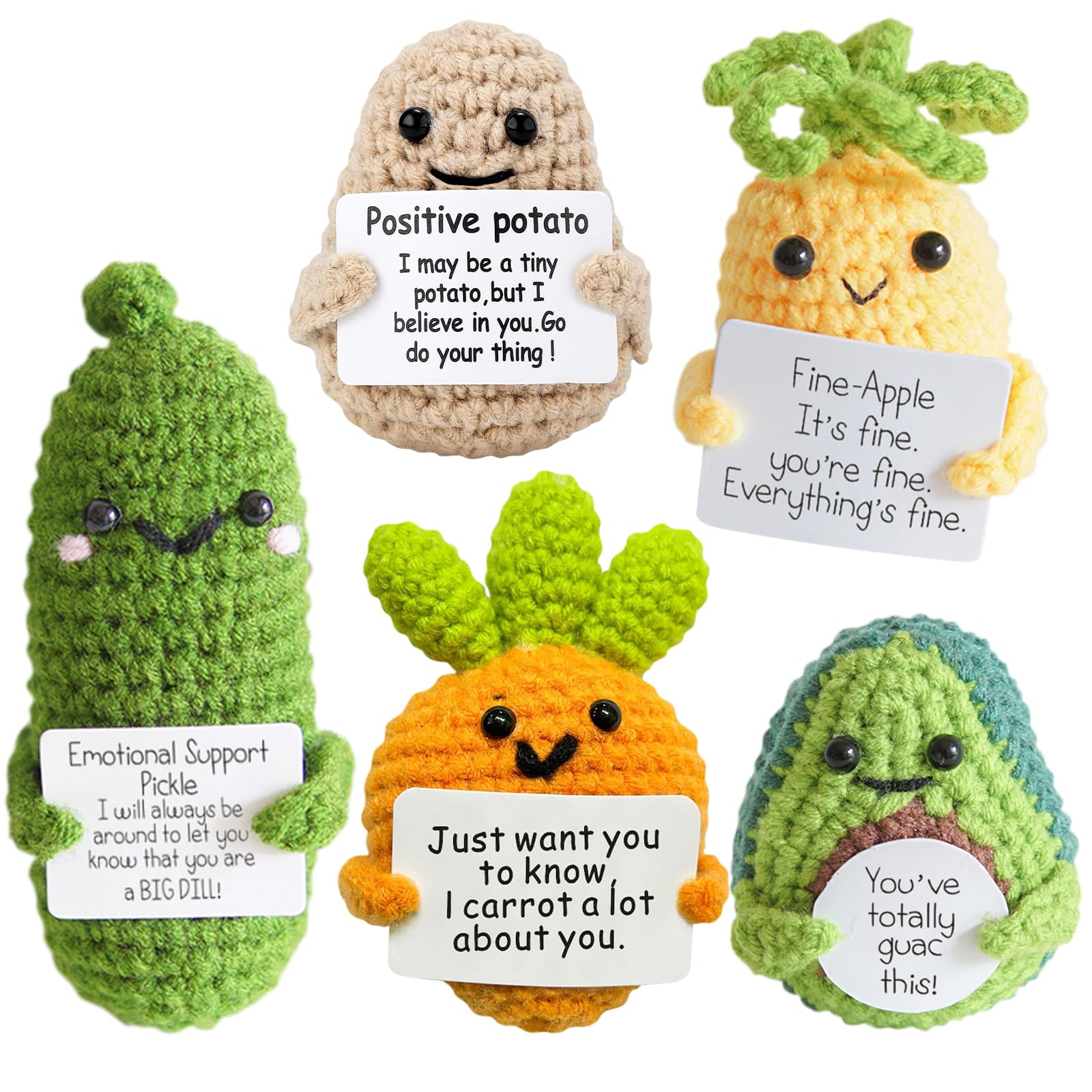 Positive Crochet Doll,Emotional Support Crochet Gift,5PCS Encouragement Support Vegetables and Fruits Knitted Dolls with Positive Card