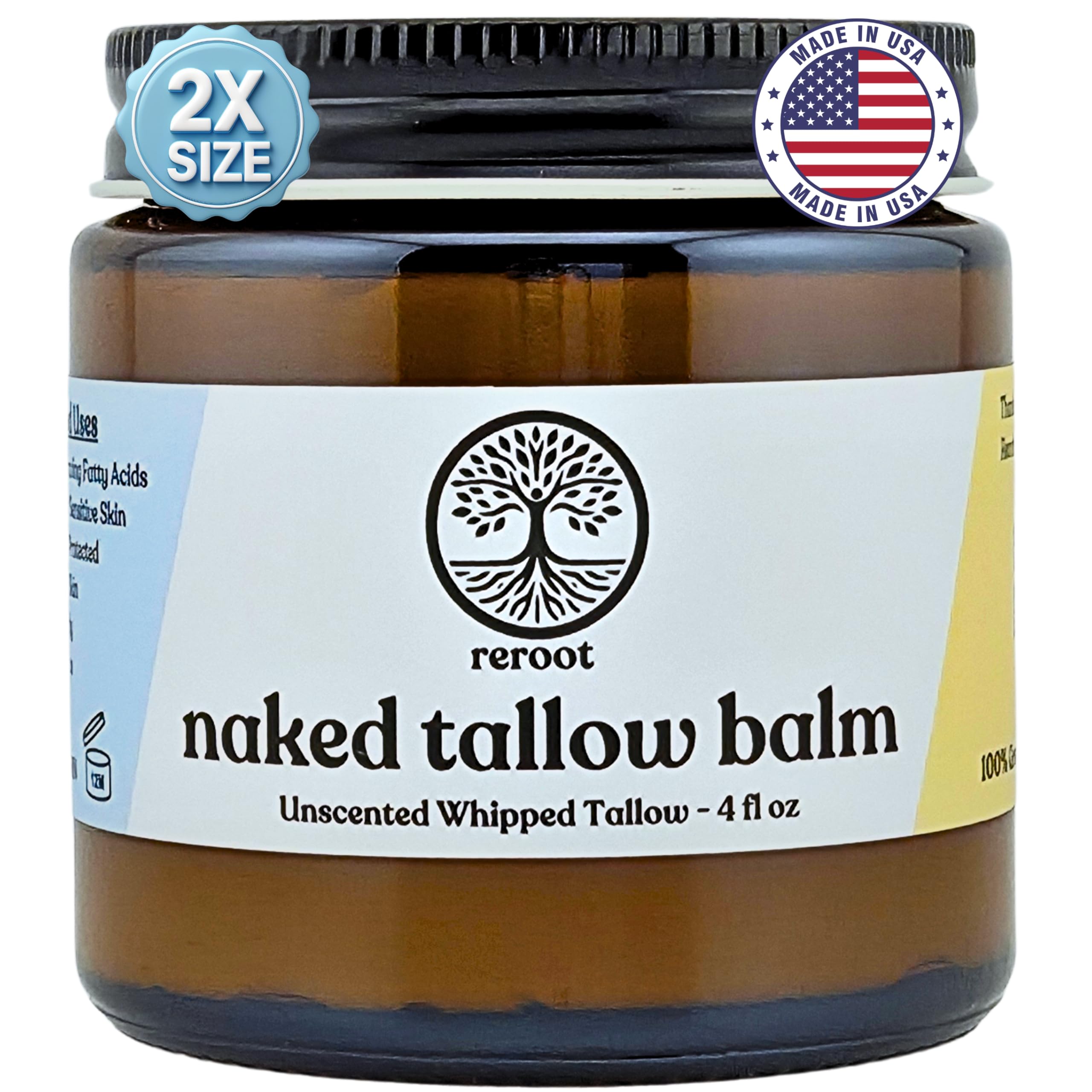 Beef Tallow for Skin | NAKED TALLOW BALM | 1 Ingredient - 100% Grass Fed Beef Tallow | Beef Tallow for Body & Face | Whipped & UNSCENTED for Sensititve Dry Skin