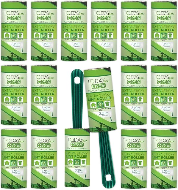 Today - Lint Roller 16 Refills + 2 Handles, 95% Recycled Material. Lint remover for pet hair, Extra sticky & Easy peeling. Suitable for Clothes, dog, cat, carpet. Made in Italy