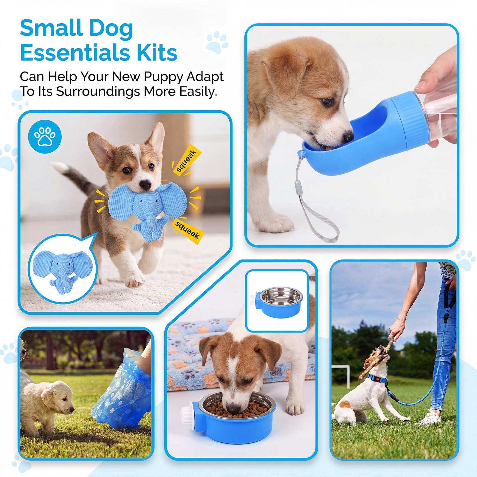 30-teiliges Welpenzubehör-Starter-Set für kleine Hunde, kein Ziehen, Hundegeschirr, Halsband, Leine, Spielzeug, Wasserflasche, Haustierpflegeset, Welpenzubehör als Willkommensgeschenk (Blau