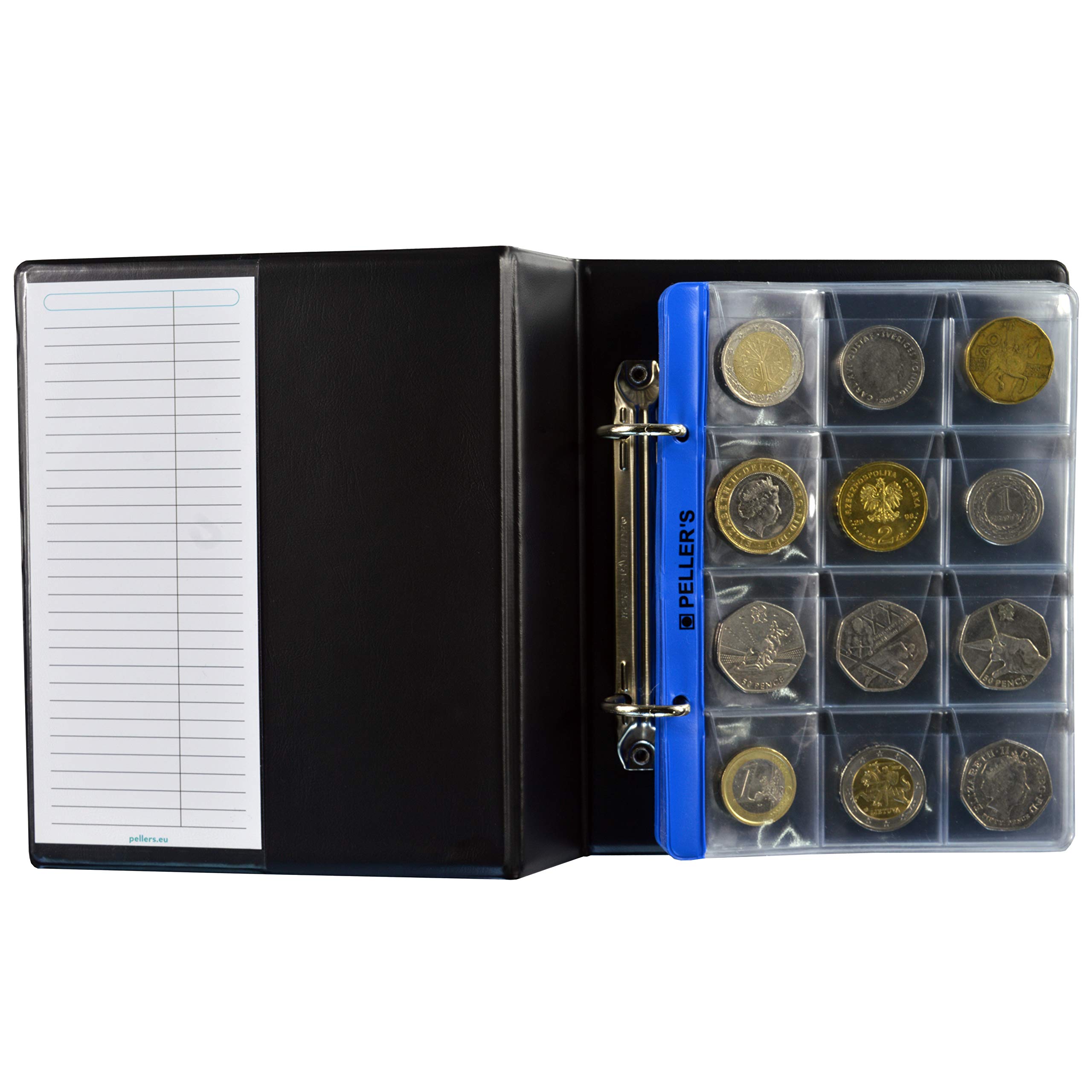 Album for 240 coins. 20 sheets each with 12 pockets: 35 mm x 35 mm. Ideal for Euro and other coins up to 28 mm in diameter