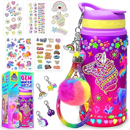 PURPLE LADYBUG Decorate Your Own Water Bottle Kit for Girls - Unicorn Design with Glitter Gem Stickers, Gifts for Girls Ages 5-8-10 Years Old Birthday, Fun Craft for Kids, Water Bottle for School