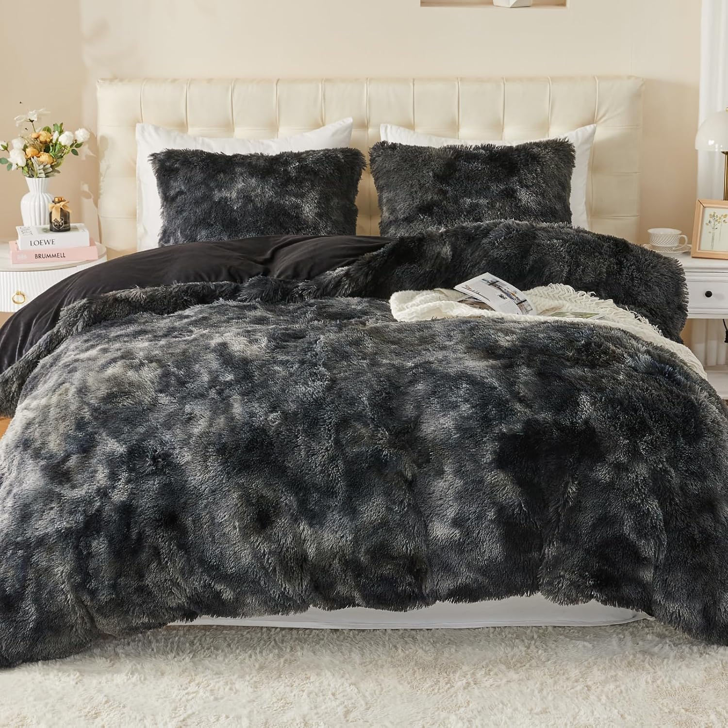 Housse de couette peluche EMME 200x200cm avec 2 taies d'oreiller en fibre de castor