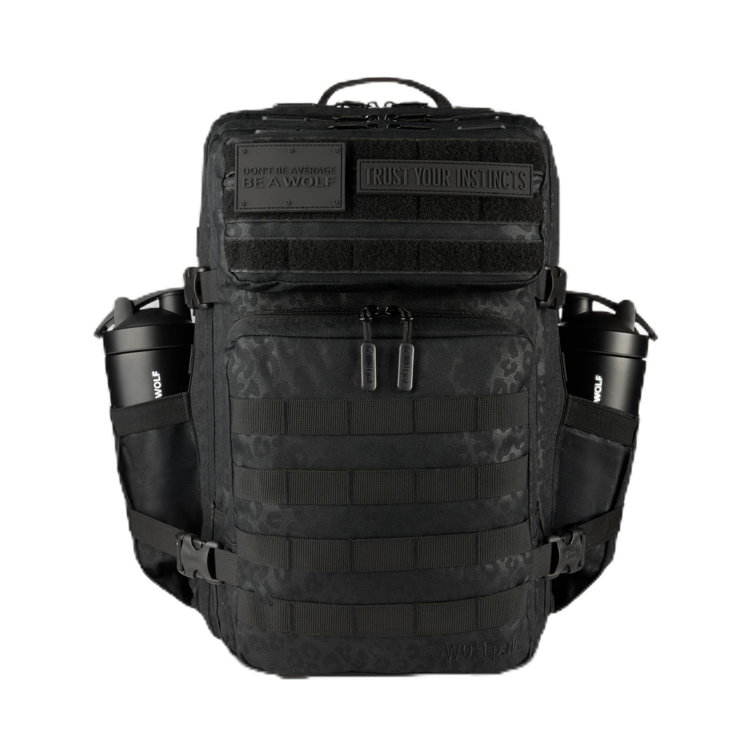 WOLFpak 45L Athletic Gym Backpack (Black Leopard) Durable 1000D Waterproof Oxford Material with MOLLE Webbing, Laptop Pocket & Dual Cup Holders,