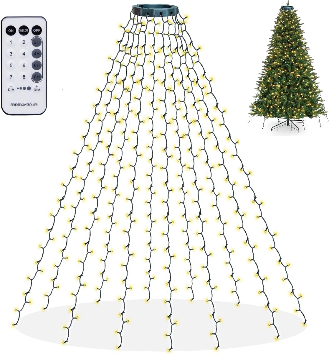 Luces brillantes para árbol de Navidad, 448 luces LED en cascada con mando a distancia y 8 modos de iluminación, luz navideña de 8.2 pies x 16 líneas para decoración de Navidad en interiores y exteriores (blanco cálido)