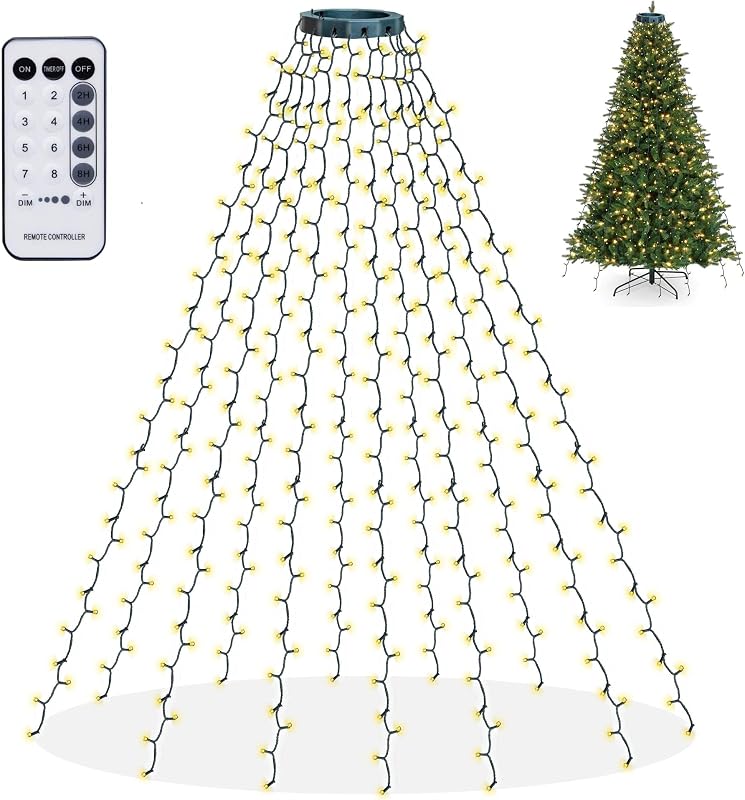Luces brillantes para árbol de Navidad, 448 luces LED en cascada con control a distancia y 8 modos de iluminación, luz navideña de 8.2 pies x 16 líneas para decoración de Navidad en interiores y exteriores (blanco cálido)