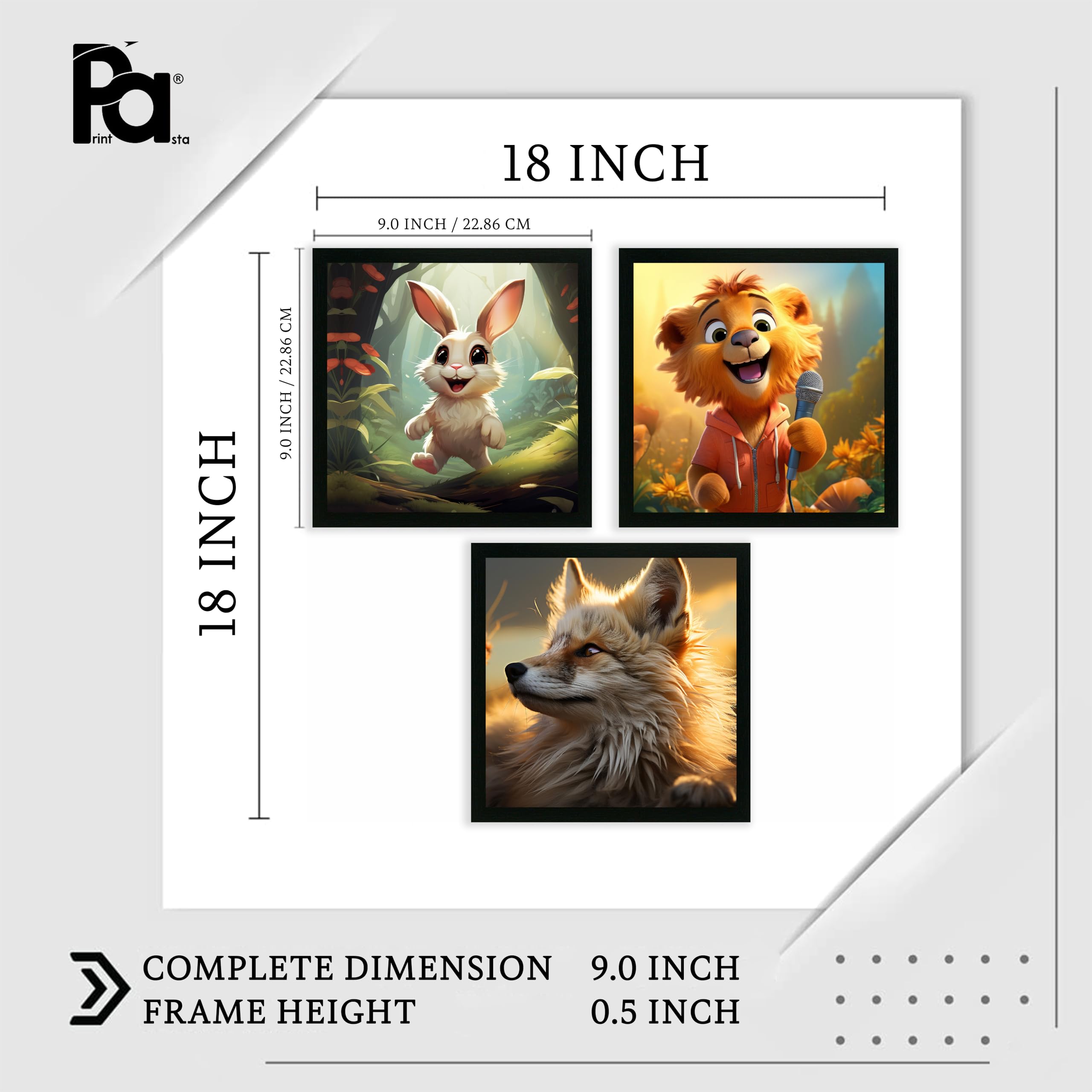 Printasta 3D Animal Photo Frames Set of 3 (9x9 Inch) – Kids Room Wall Decor with Colorful Animal Prints | Cute Wall Frames for Nursery, Play School, Bedroom & Home Decoration | Ready to Hang - Style A 3