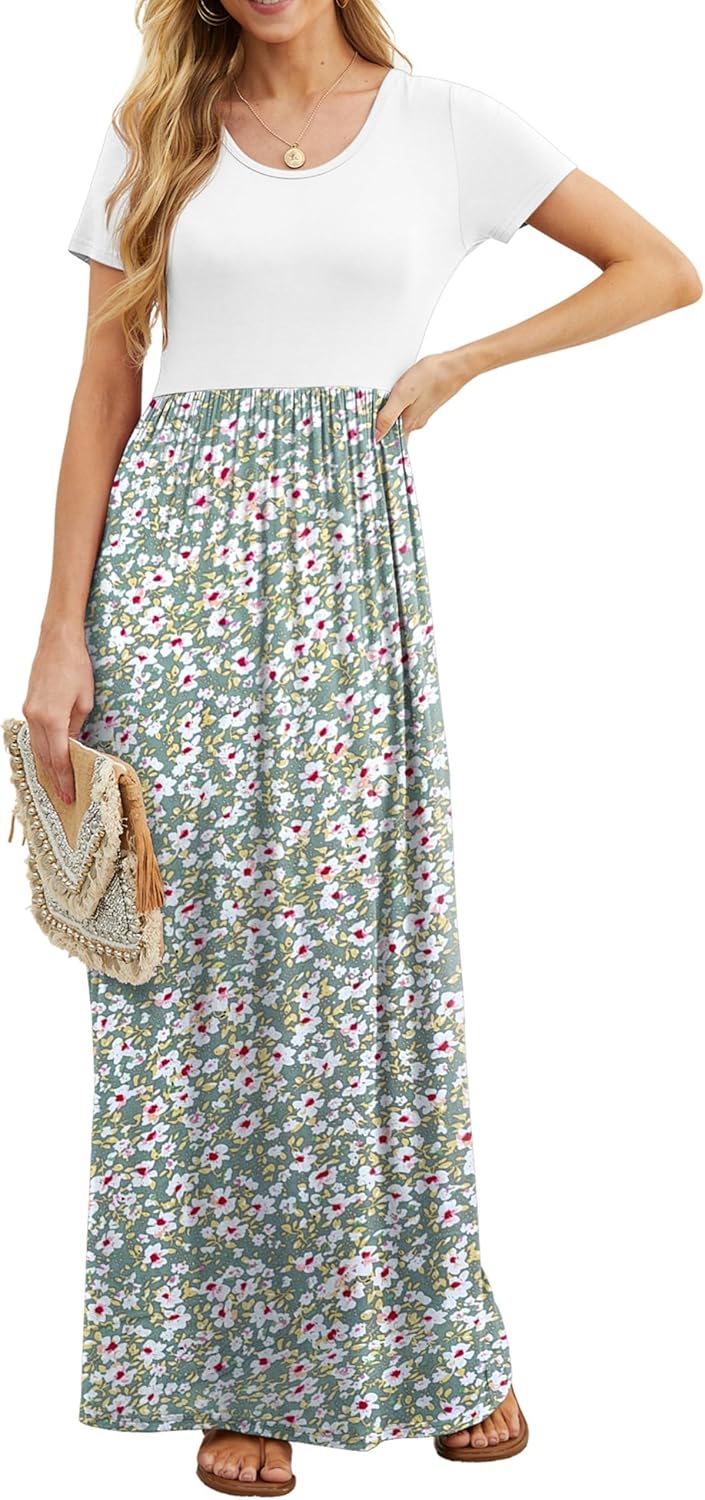 GRECERELLE Women Summer Casual Maxi Long Dress Short Sleeve Crew Neck with Pockets, Size S-3XL - Image 3