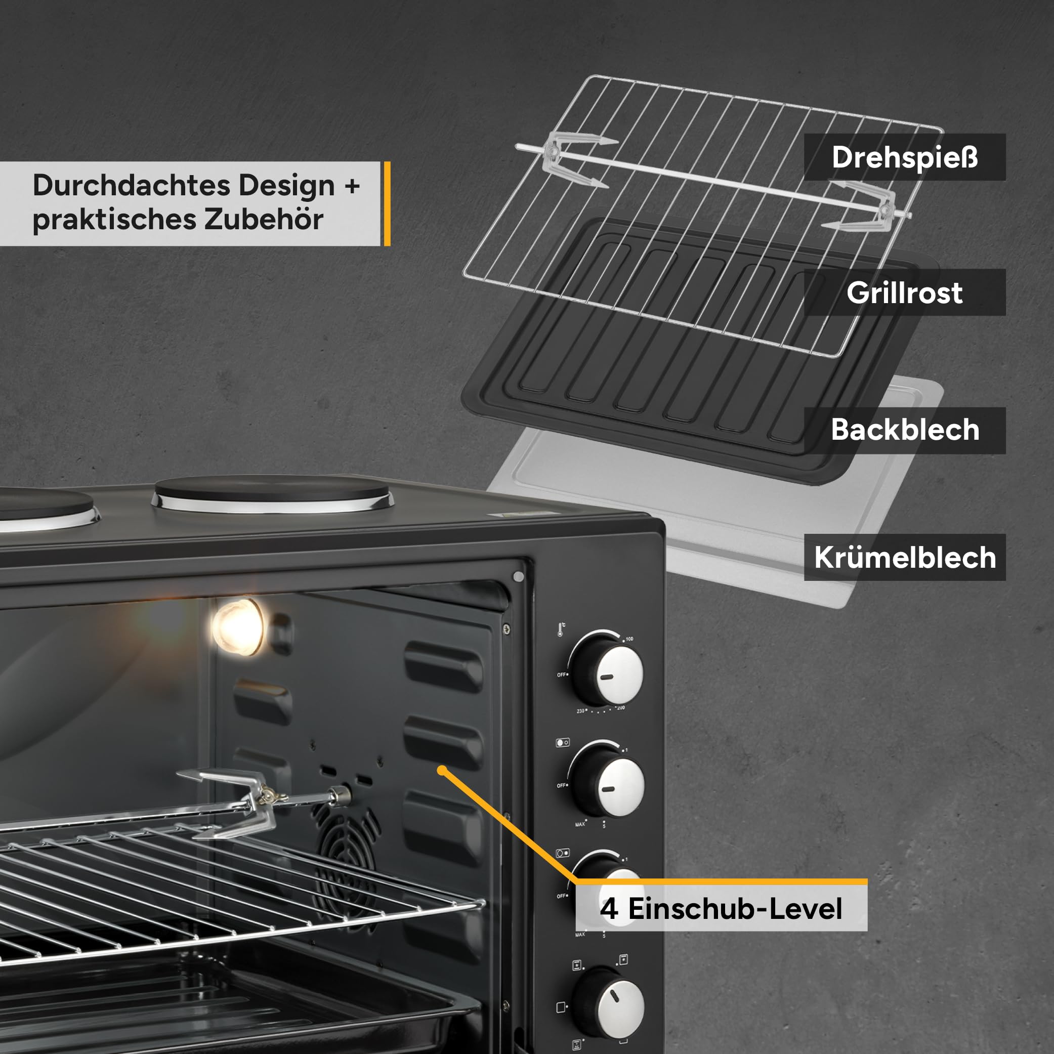 TZS First Austria - Minibackofen mit Kochplatten 60L 3200 W - Mini Backofen Pizzaofen mit Herdplatten bis 230°C & 6 Heizmodi - Miniofen Kombigerät mit 4 Einschubhöhen & hochwertigem Zubehör