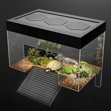 Turtle Basking Platform,9.8*6.2*6.2inch Small Land Elevated Topper Decor,Red Eared Slider Hanging Habitat Enclosure Cage,Cuckold Tank with Lid,Tortoise House for Semi Aquatic Baby Terrapin