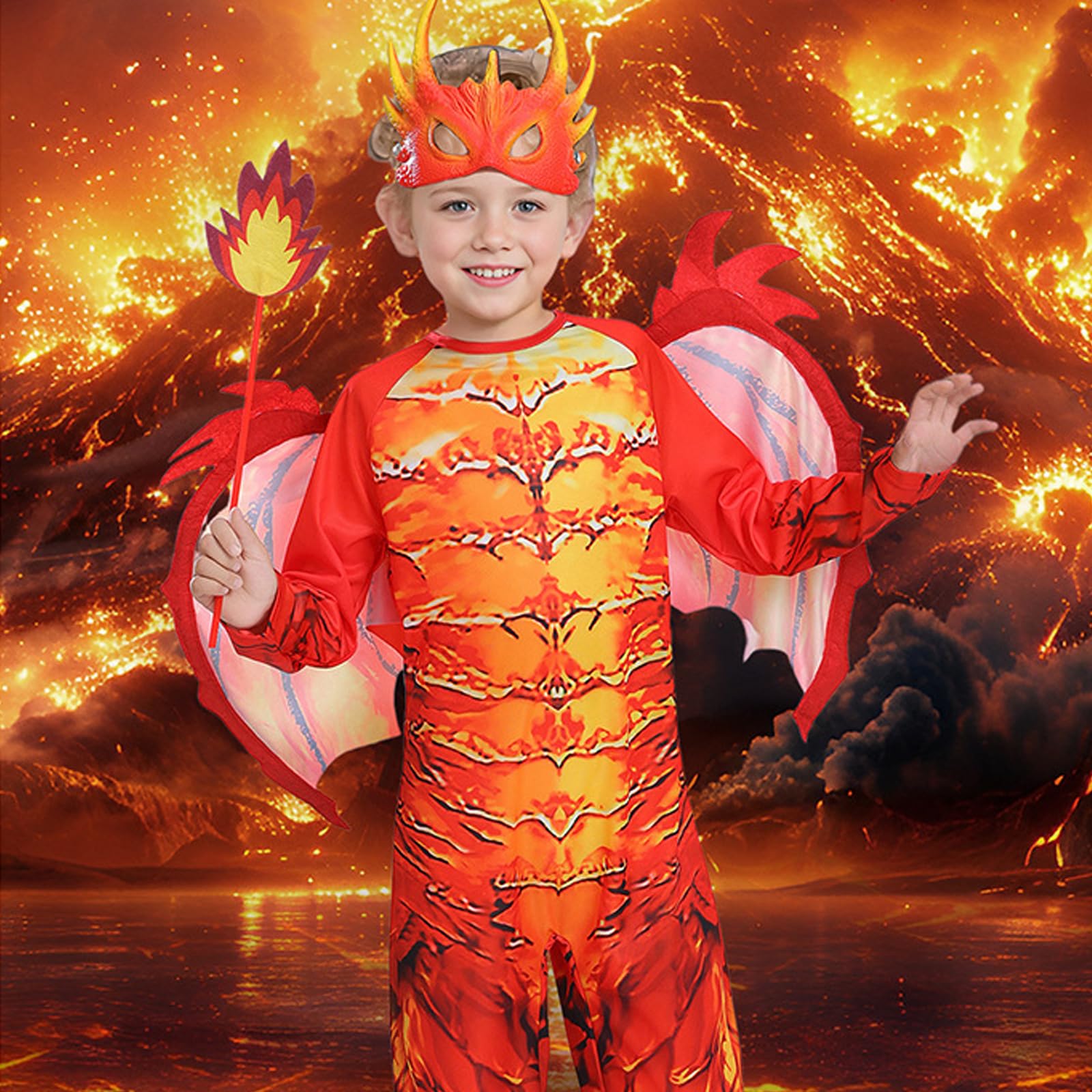 Kind Jungen Drachenkostüm, 110/120/130 Kostüm Drache Kinder, Drachenflügel, Maske, Drachen Jumpsuits, Weihnachten Party Halloween Carnival Cosplay Kostüm für 4 5 6 7 8 Jahre Kinder
