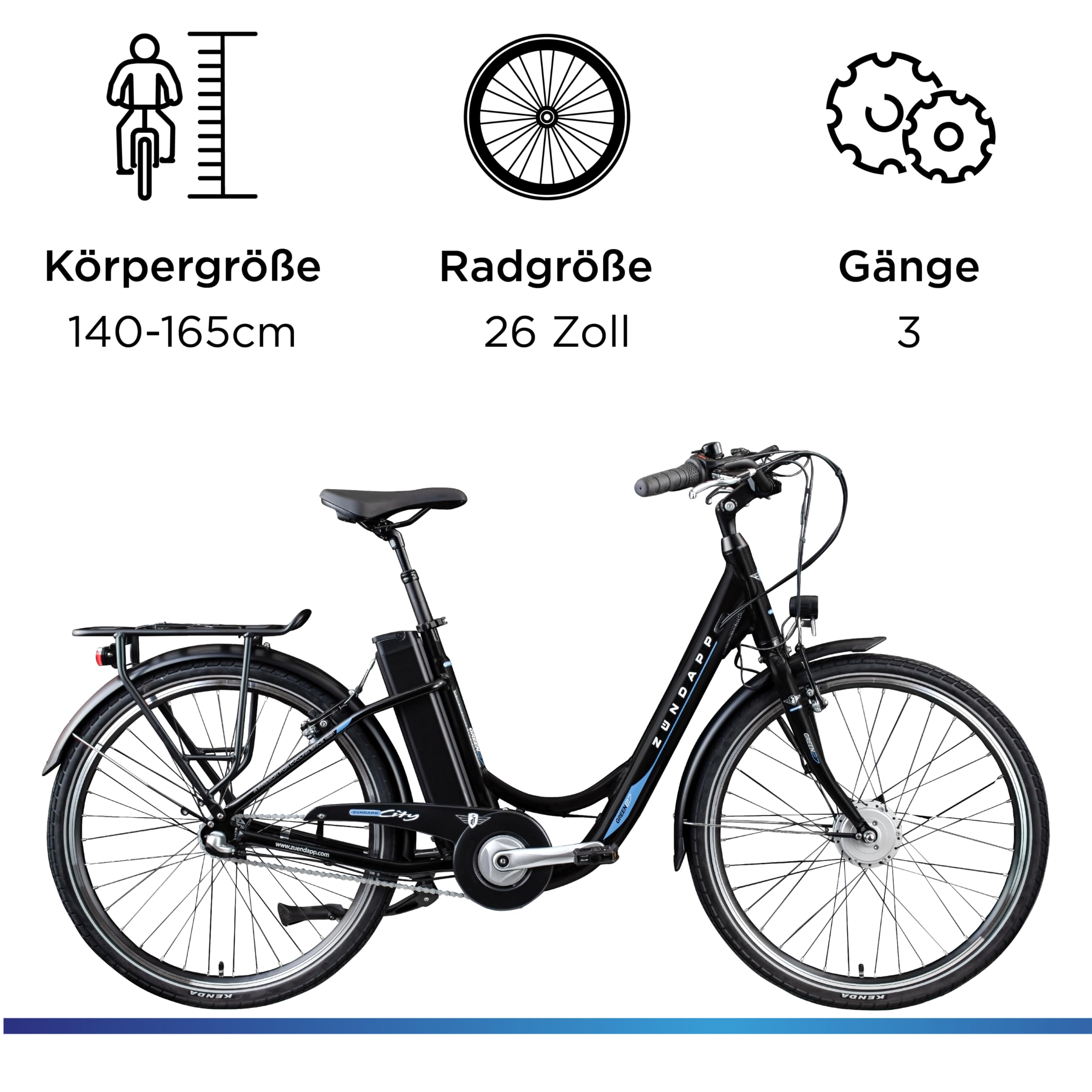 ZÜNDAPP Green 2.7 26 Zoll Ebike für Damen 26" Elektrofahrrad mit Rücktrittbremse E Bike Damen City Fahrrad Elektro Pedelec Hollandrad tiefer Einstieg (schwarz/blau, 46 cm)