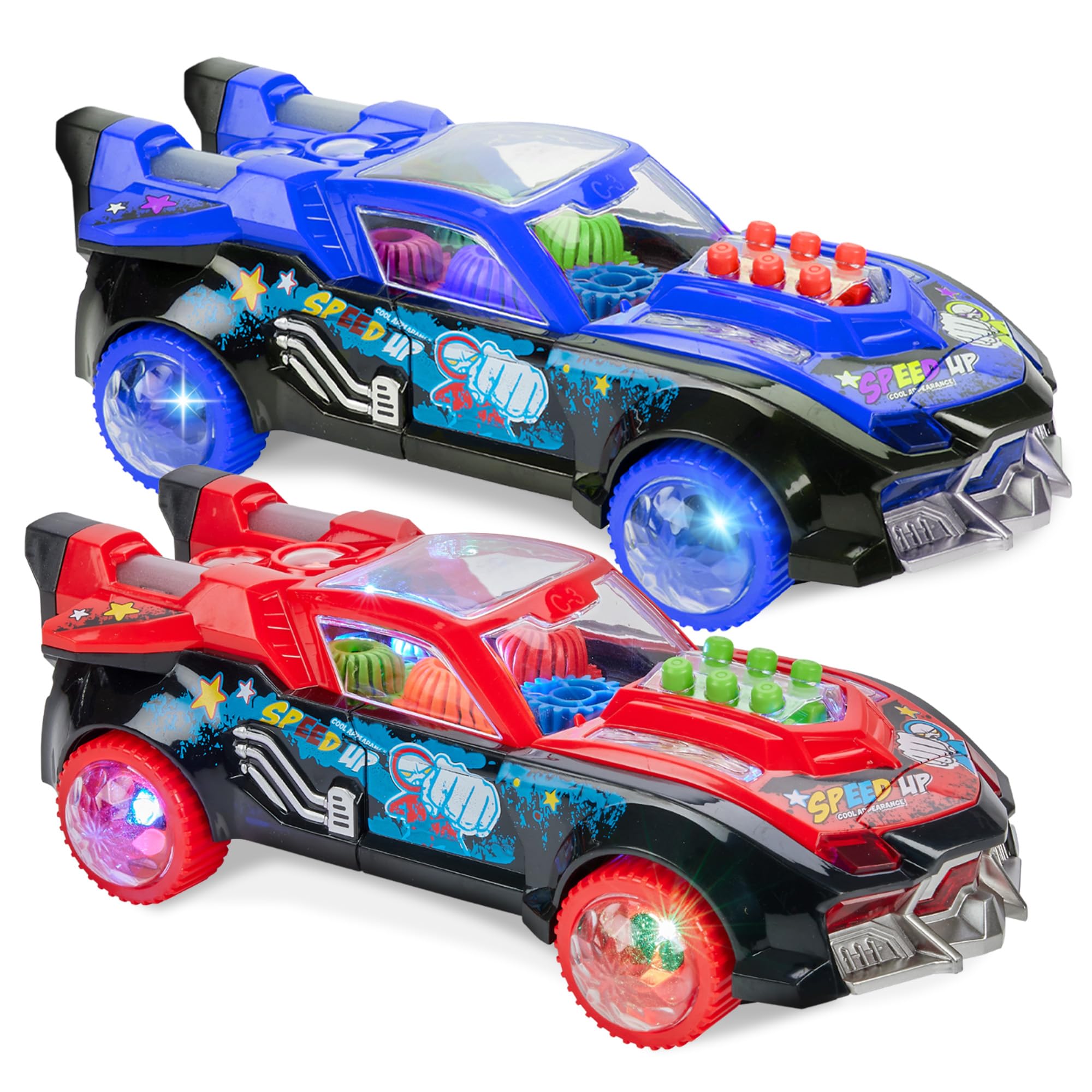 Light Up Transparent Race Car Toy for Toddlers Bump and Go Toy Car Visible Colorful Moving Gear System with Music and LED Effects - Fun Educational Toy for Kids - Great Birthday Gift Idea