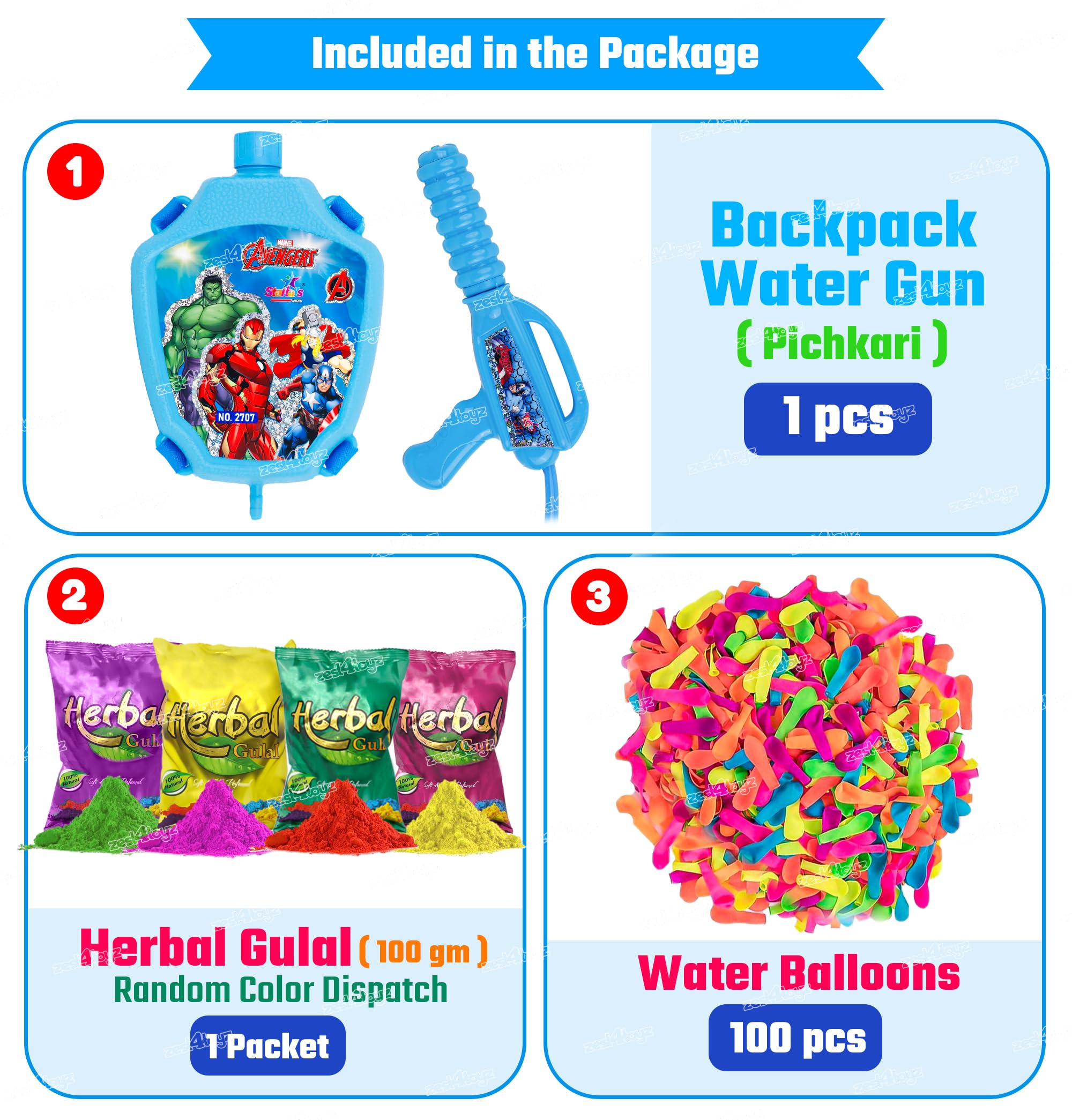 Zest 4 Toyz Holi Pichkari Water Gun for Kids Back Holding Tank 3.3Ltr. with Holi Combo 1 Pkt Holi Color and 100 Balloons for Holi Pool Parties- Boys and Girls(Gold Tank) 1