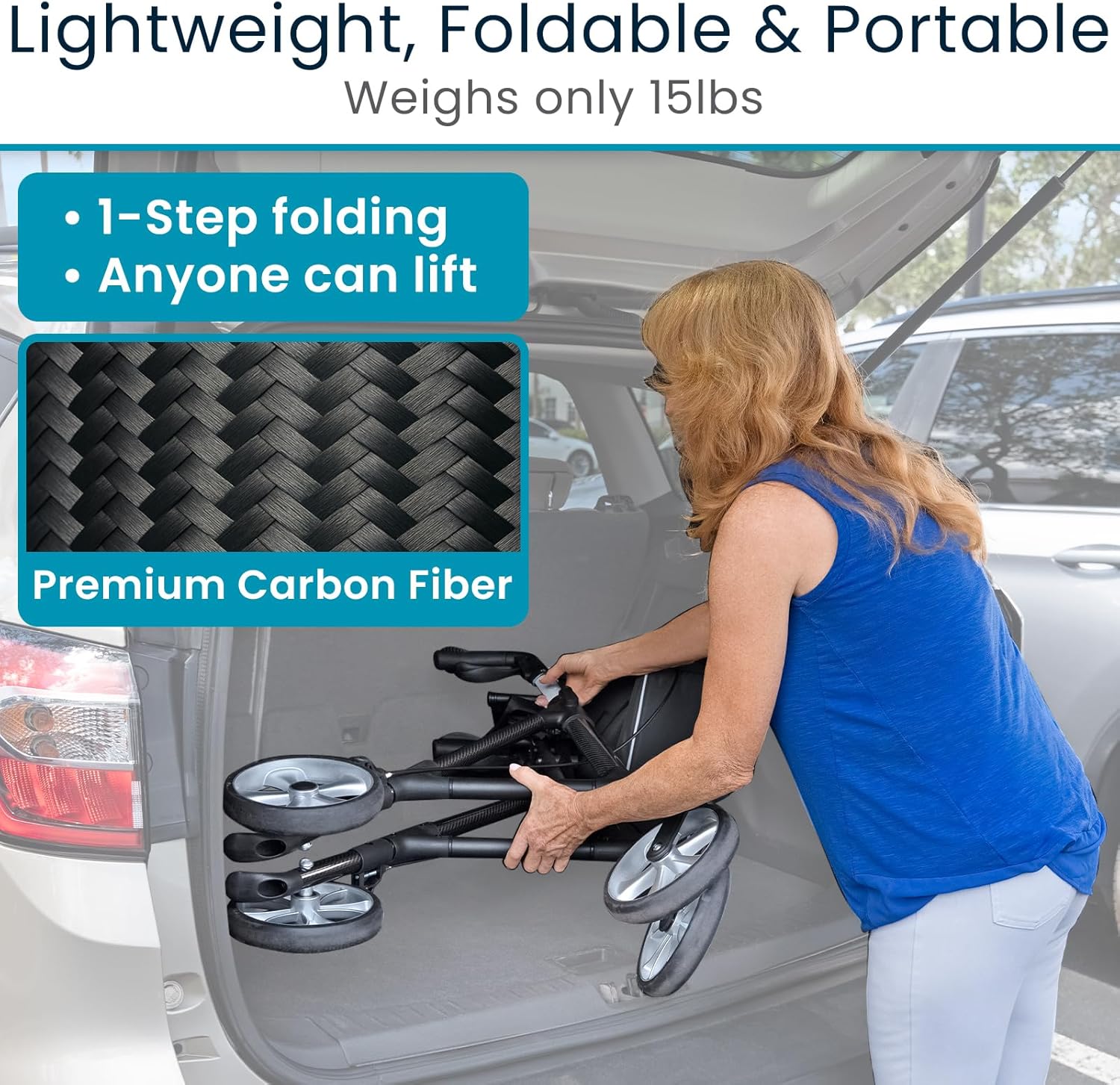 Vive Lightweight Rollator Walker with Seat - Carbon Fiber Frame for Seniors - Stand up Folding Mobility Aid - Height Adjustable, Brakes, Armrest & Storage Bag Accessory - Arrives Pre-Assembled