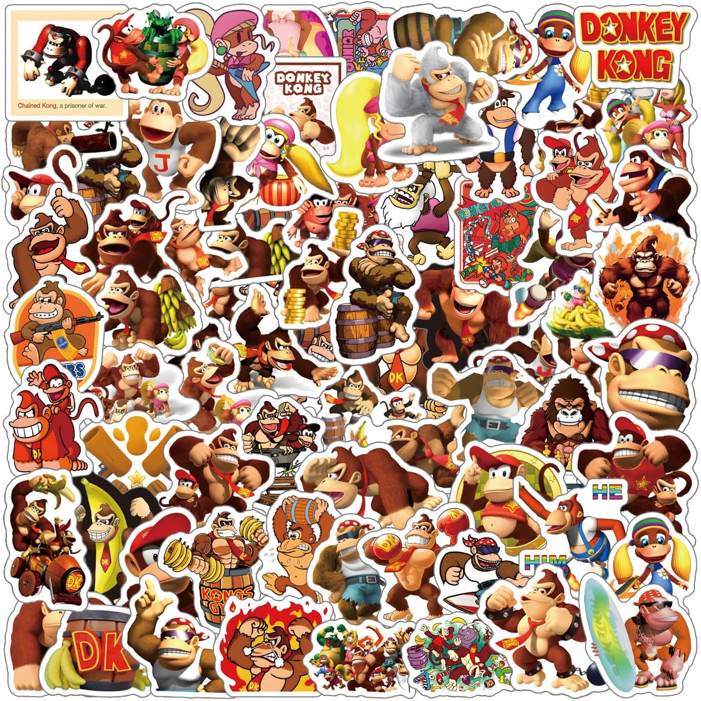 JJIJIAN 71Pcs Donkey Kong Stickers Pack，Cute Cartoon Aesthetics Vinyl Waterproof Decals for Water Bottle, Laptop, Phone, Skateboard, Journaling,Gifts for Kids Teens for Party Supply Decor