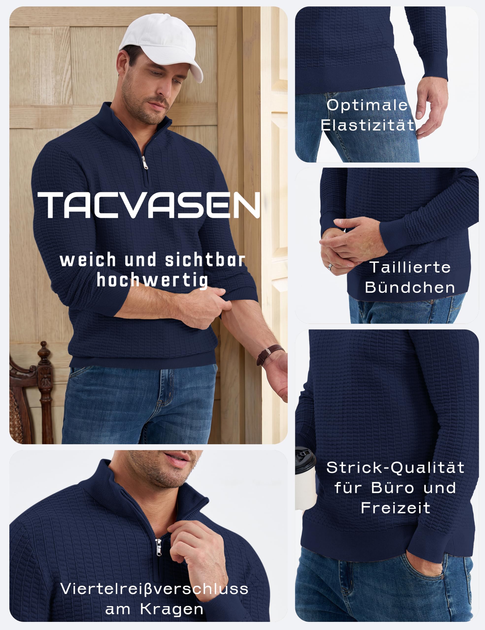 TACVASEN Pullover Herren 1/4 Zip Rollkragenpullover Reißverschluss Winter | Weicher Strick, Troyer mit 1/4 Zip, Stehkragen, Leichtes Anziehen, Alltag und Arbeit