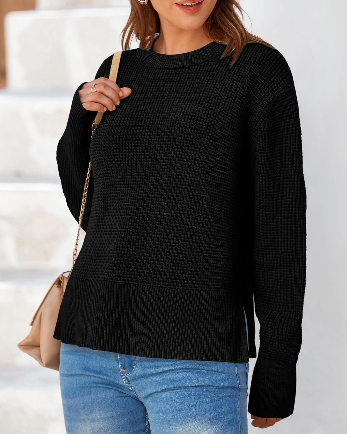 BTFBM Casual Women Fall Sweater 2024 Long Sleeve Ribbed Knit Pullover Loose Crewneck Split Cozy Sweater - Image 3