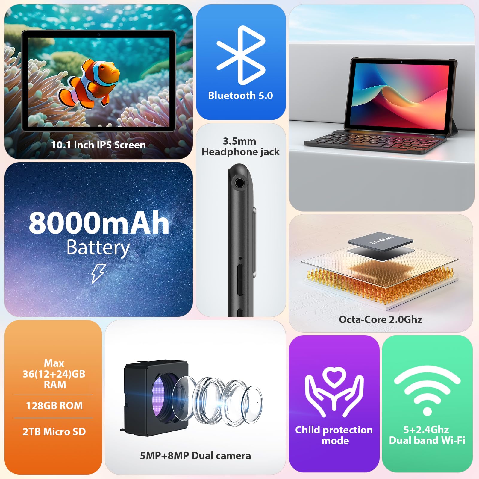 MAXLEGEN Tablet 10,1 Pollici, 36GB RAM+128GB ROM/2TB TF, Android 14, Octa Core 2.0Ghz, 5G WiFi, 8000mAh, BT5.0, 8+5MP, Widevine L1, FM, Tablets con Tastiera e Mouse/Penna/Auricolare