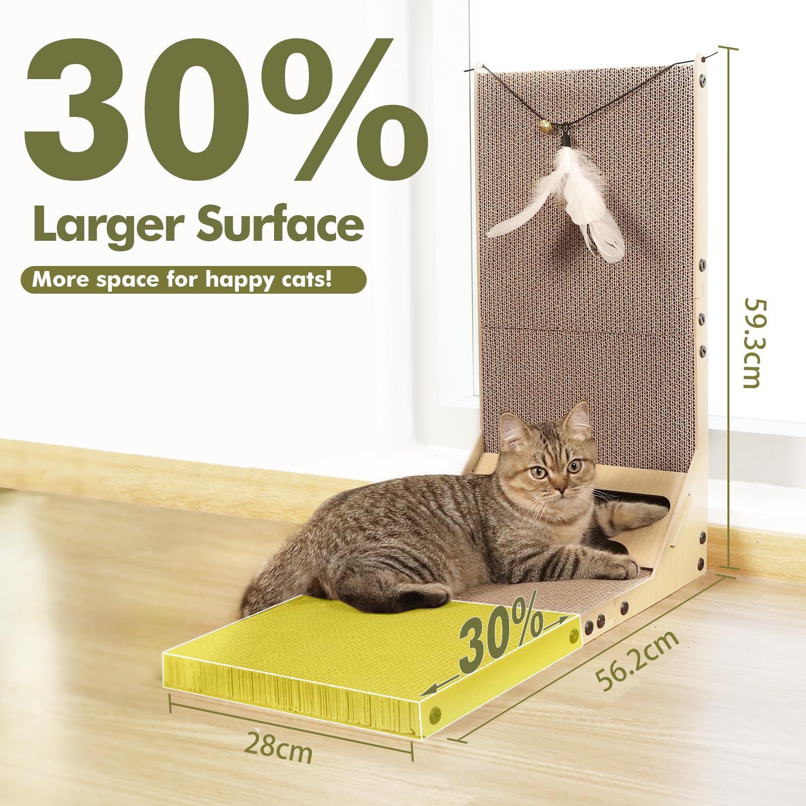 Pawtasy Griffoir pour chat avec balle - En forme de L - En carton durable - Pour chats d'intérieur - Montage mural - Très résistant - Utilisation double face