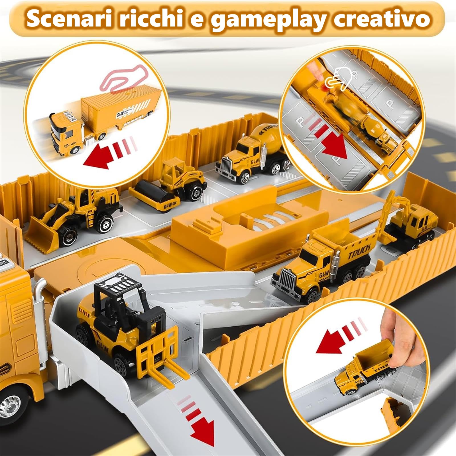 Camion da Cantiere Giocattolo per Bambini con Escavatore Costruzione Torre Gru Effetti di Musica Luce Camion Betoniera Veicoli da Cantiere