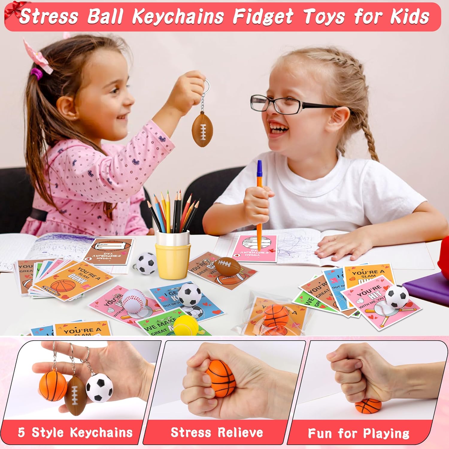 30 Pack Valentines Day Gifts for Kids Classroom Valentines Day Cards for Kids School Sports Stress Balls Fidget Toys Keychains, Valentines for Boys Class Valentines Exchange Cards Party Favors Prizes