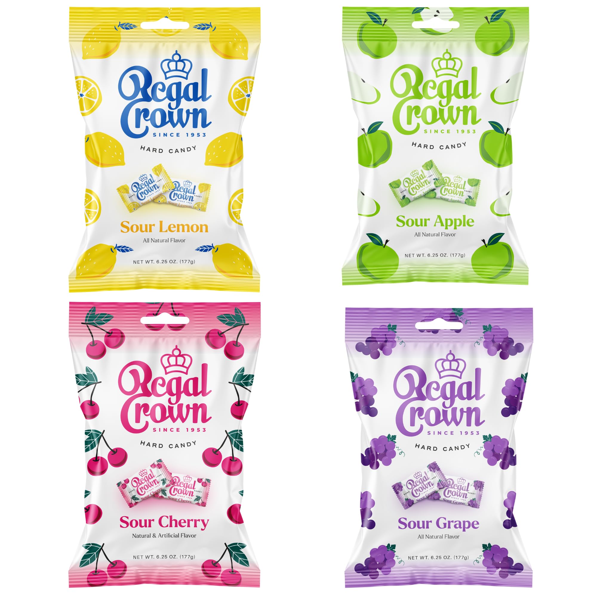 Regal Crown Sour Candy Bundle Pack of Four | Traditional Sour Cherries Candy | Old Fashioned Sour Lemon Candy | Traditional Sour Grapes Candy | Old Fashioned Sour Apple Candy | Hard Candy Brought To You By Iconic Candy | 6.25oz Peg Bag ((1) Cherry (1) Lemon (1) Apple (1) Grape)