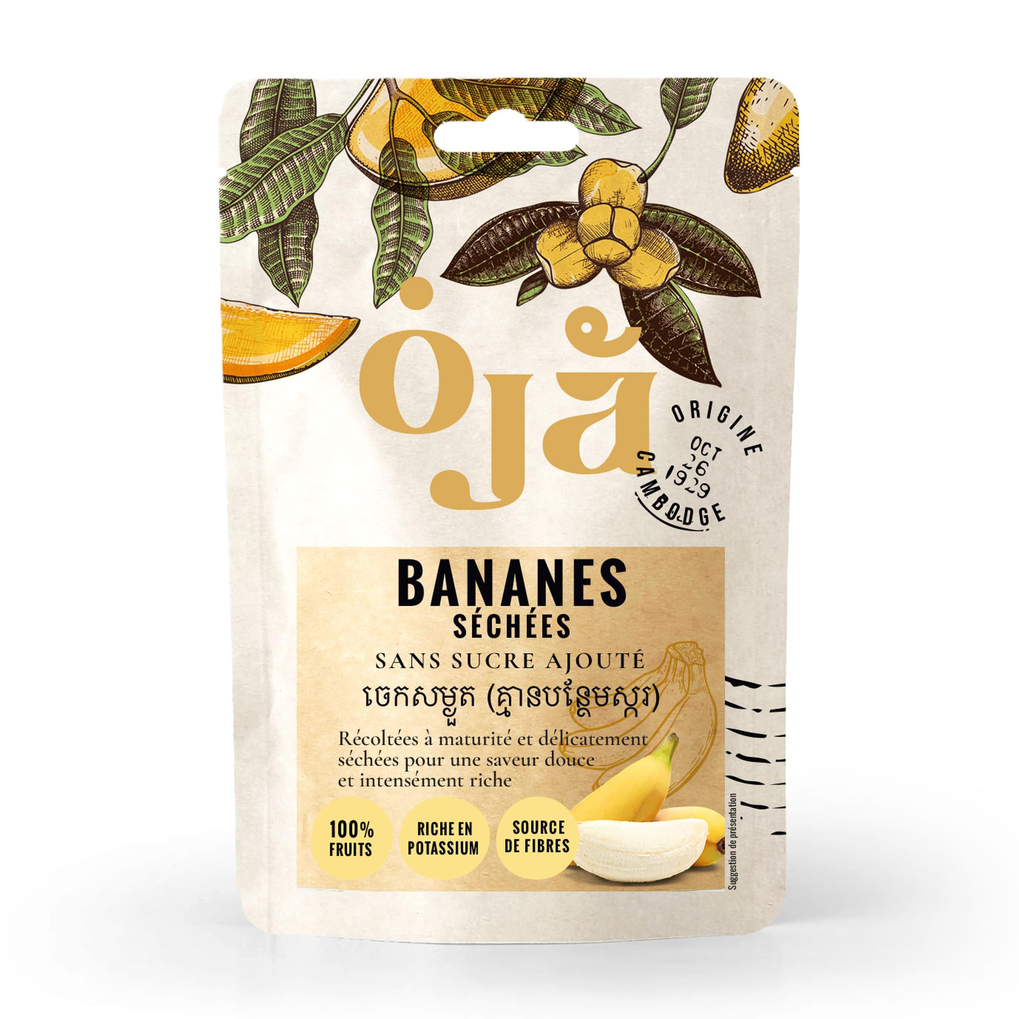 OJA Banane Séchée du Cambodge Sans Sucre Ajouté - Lot de 18 Sachets Refermables de 100 g (1,8 kg) - 100% Banane Namva, Riche en Potassium