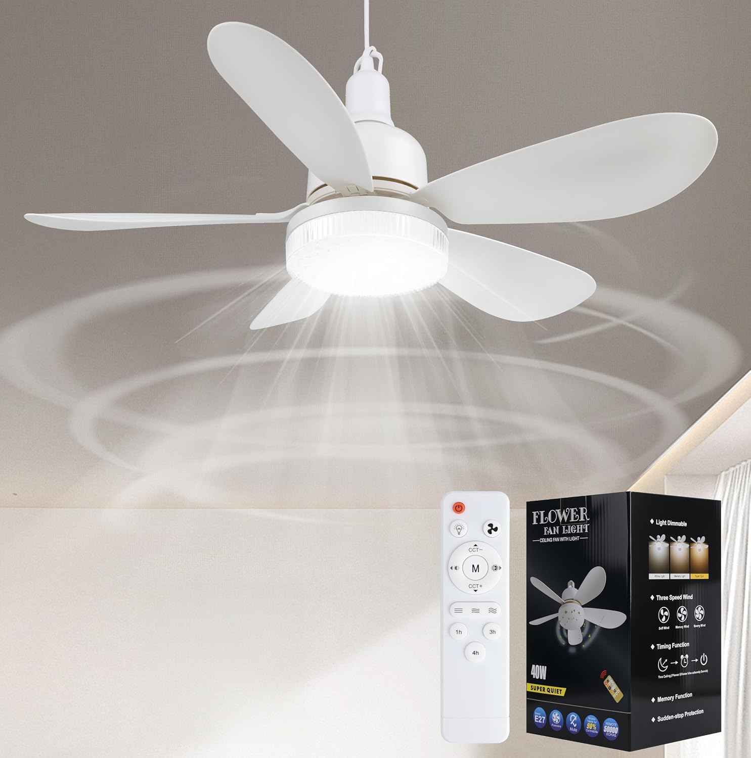 Ceiling Fan with Remote, Portable Small Ceiling Fans with Lights Dimmable for Bedroom, Kitchen, Living Room, 20.5“ Ceiling Fan with 3000K-6500K/40W, Screws into E26/E27