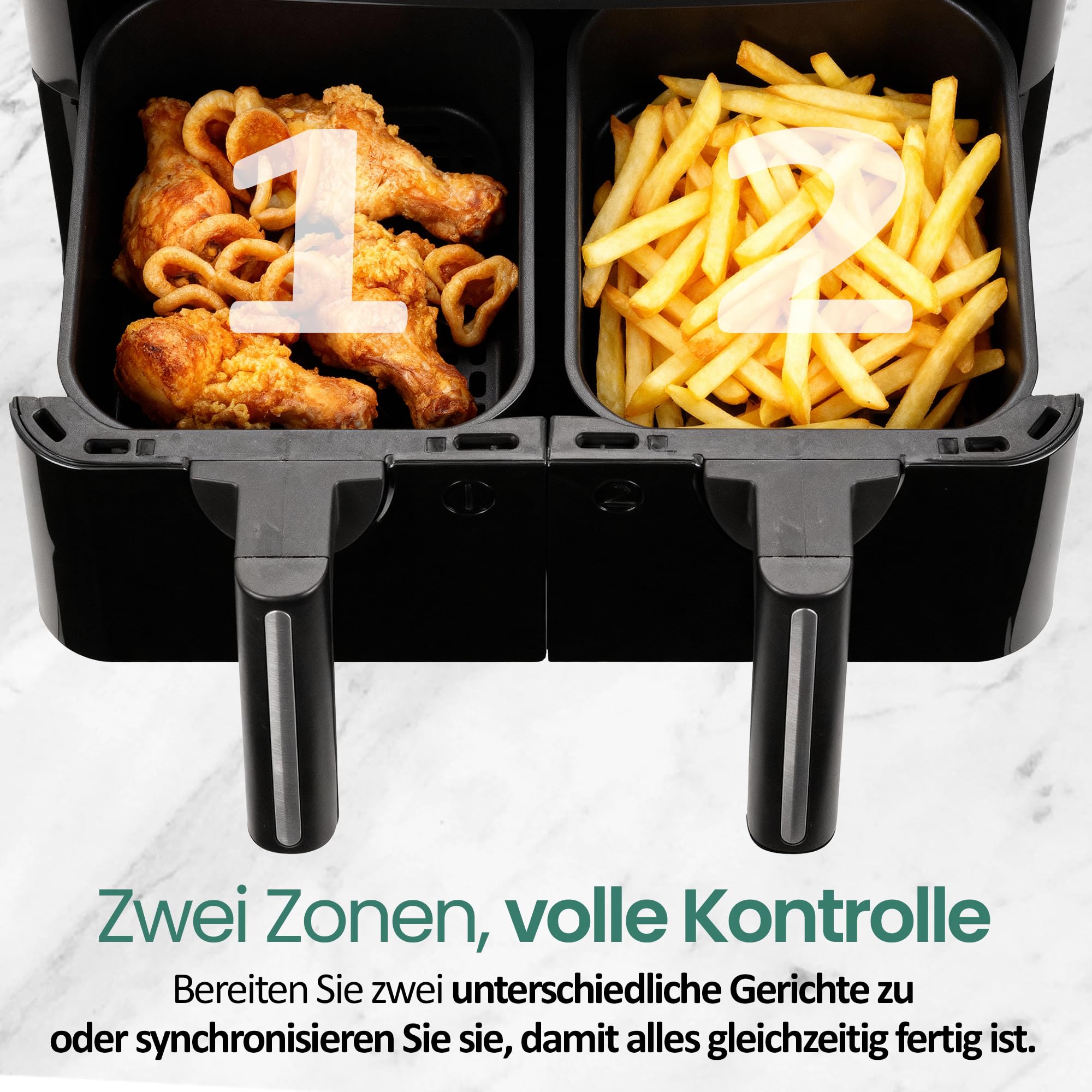 Emerio AF-130376.1 cyfrowa frytkownica na gorące powietrze, bez dodatkowego oleju, 2 x 3,6 l, 12 programów, bez BPA, funkcja SYNC FINISH (oba gotowe jednocześnie)