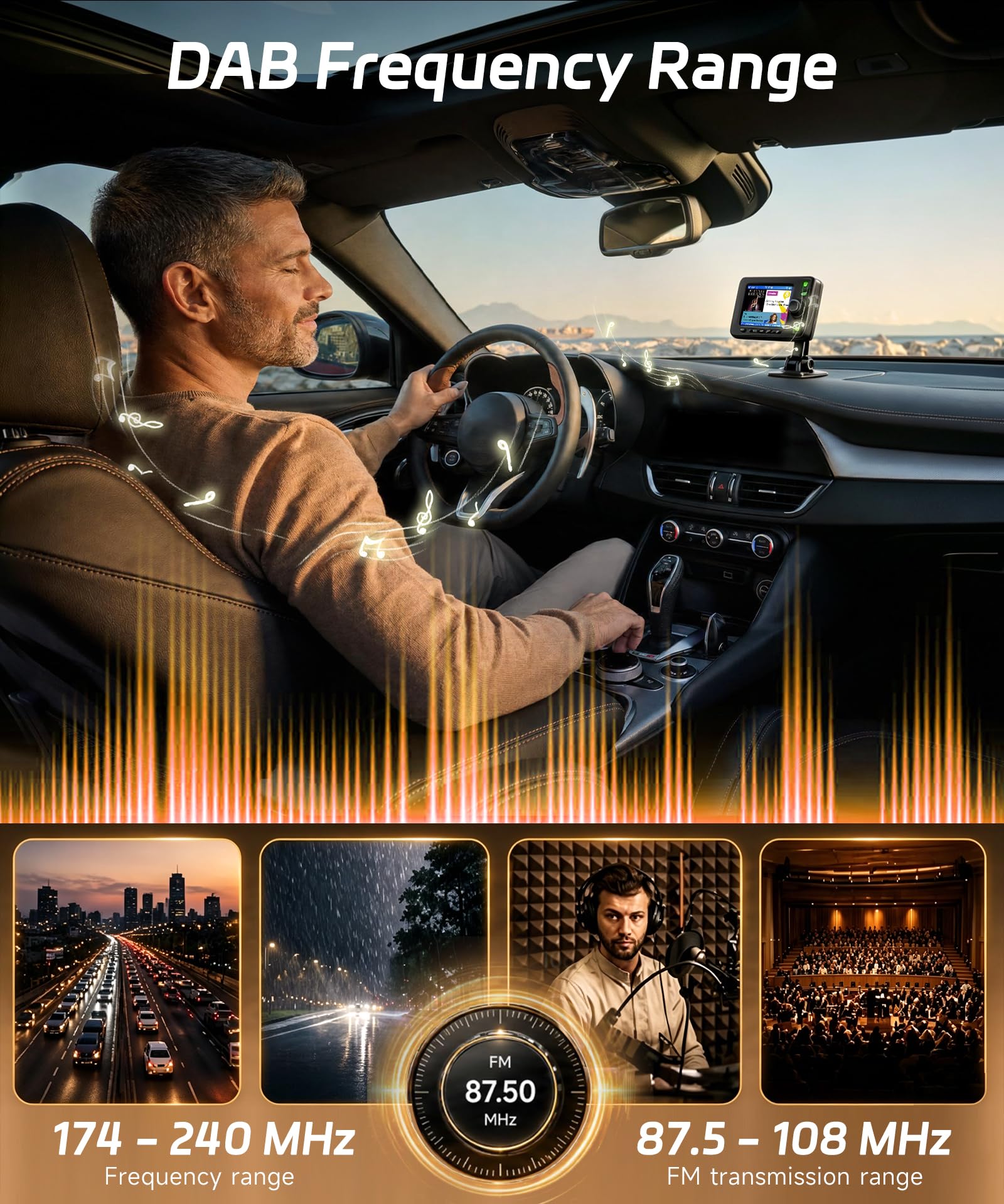 VECHTEL Radio digitale DAB/DAB+ e Bluetooth con schermo da 2,8 pollici, trasmettitore FM, due tipi di supporto, AUX, alimentatore per accendisigari, ideale per viaggi e attività all'aperto