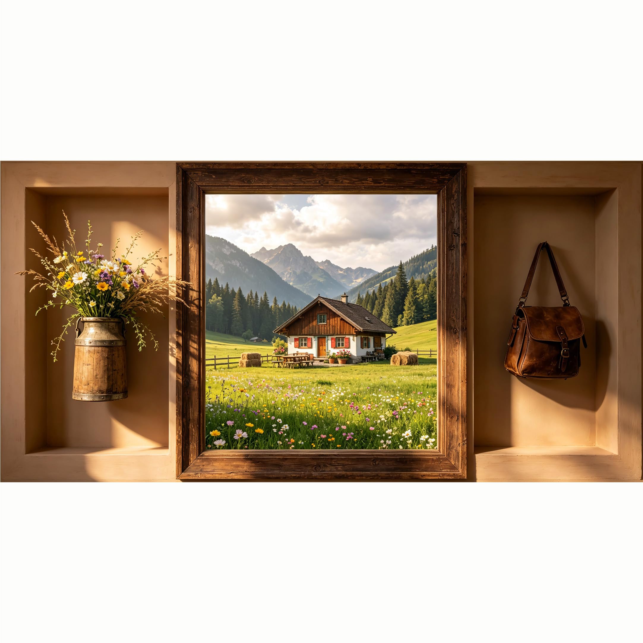 QZLITHOTIC 50x100cm 3D Framed Wall Art， Alpine Mountain Lake House Farmhouse Landscape SelfAdhesive Mural， WaterActivated Peel & Stick Fabric Decor Wall Decal for Bedroom Living Room