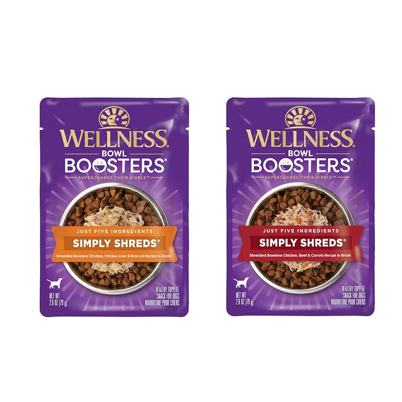 Ração úmida para cães Wellness CORE Simply Shreds, frango, carne bovina e cenoura + topper de fígado de frango e brócolis, 24 sachês de 79 g