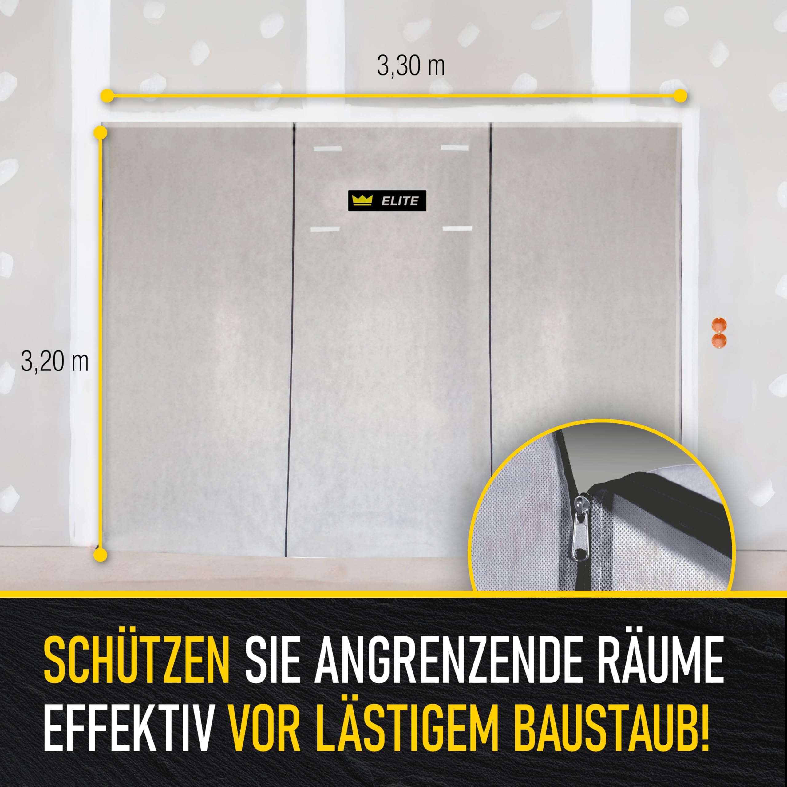 ELITE Staubschutzwand – 3,3 m x 3,2 m Profi-Qualität mit Transportbeutel und 2 Rollen Spezial-Klebeband, atmungsaktiver Vliesstoff, inkl. weißem Cuttermesser, Bautür, Staubschutztür, Schmutzschleuse