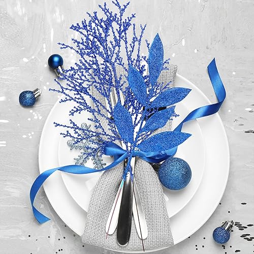 Miniatura 8 de Winlyn 30 piezas de hojas artificiales de Navidad en aerosol, púas de cedro, adornos dorados para árbol de Navidad, tallos florales para coronas de