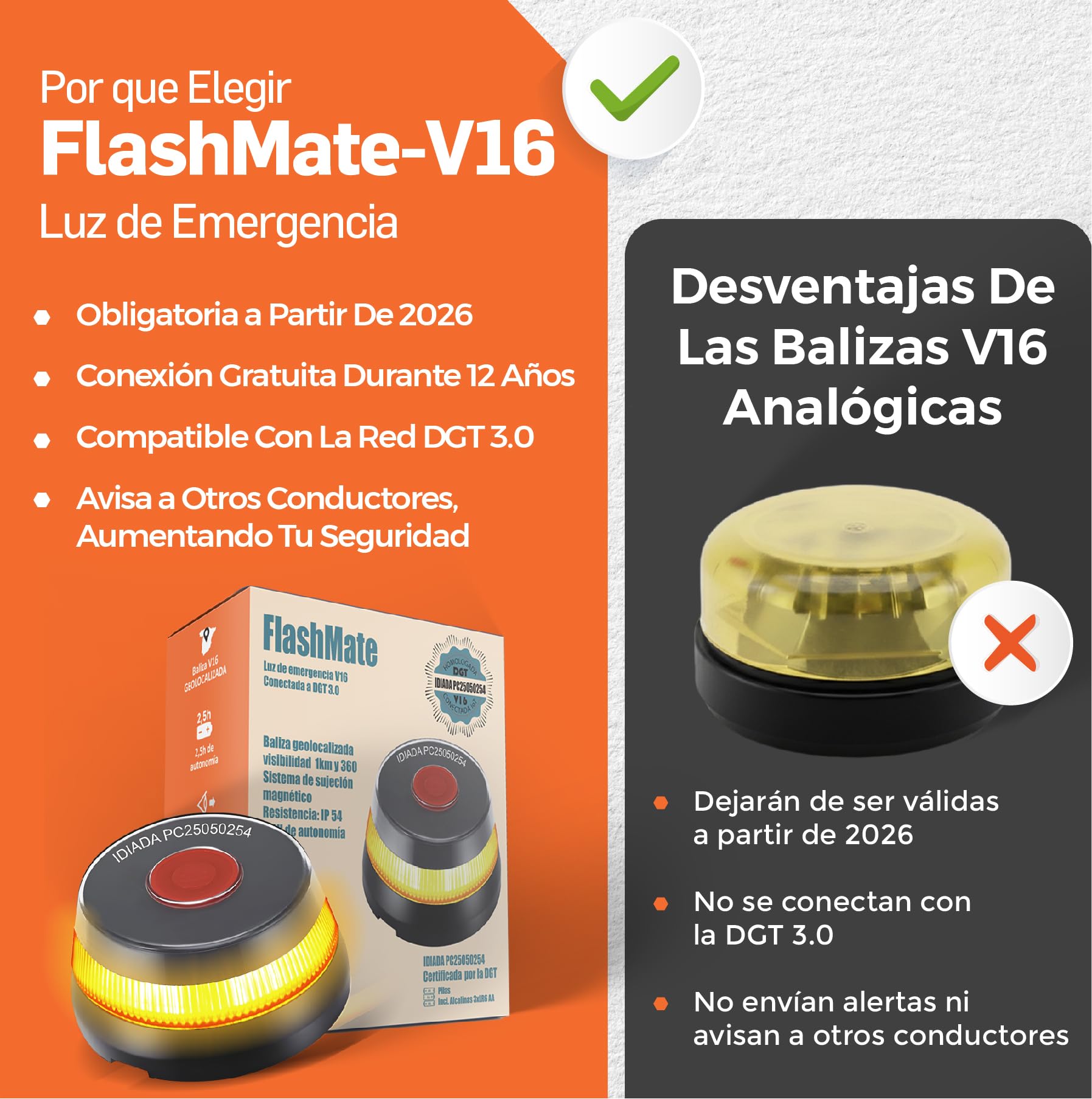 Baliza V16 Homologada DGT con Geolocalizador 3.0 | Luz Emergencia Coche Homologado DGT | V16 Conectada y Geolocalizada con SIM Incluida sin Costes hasta 2038 | Obligatoria desde 2026 Normativa DGT