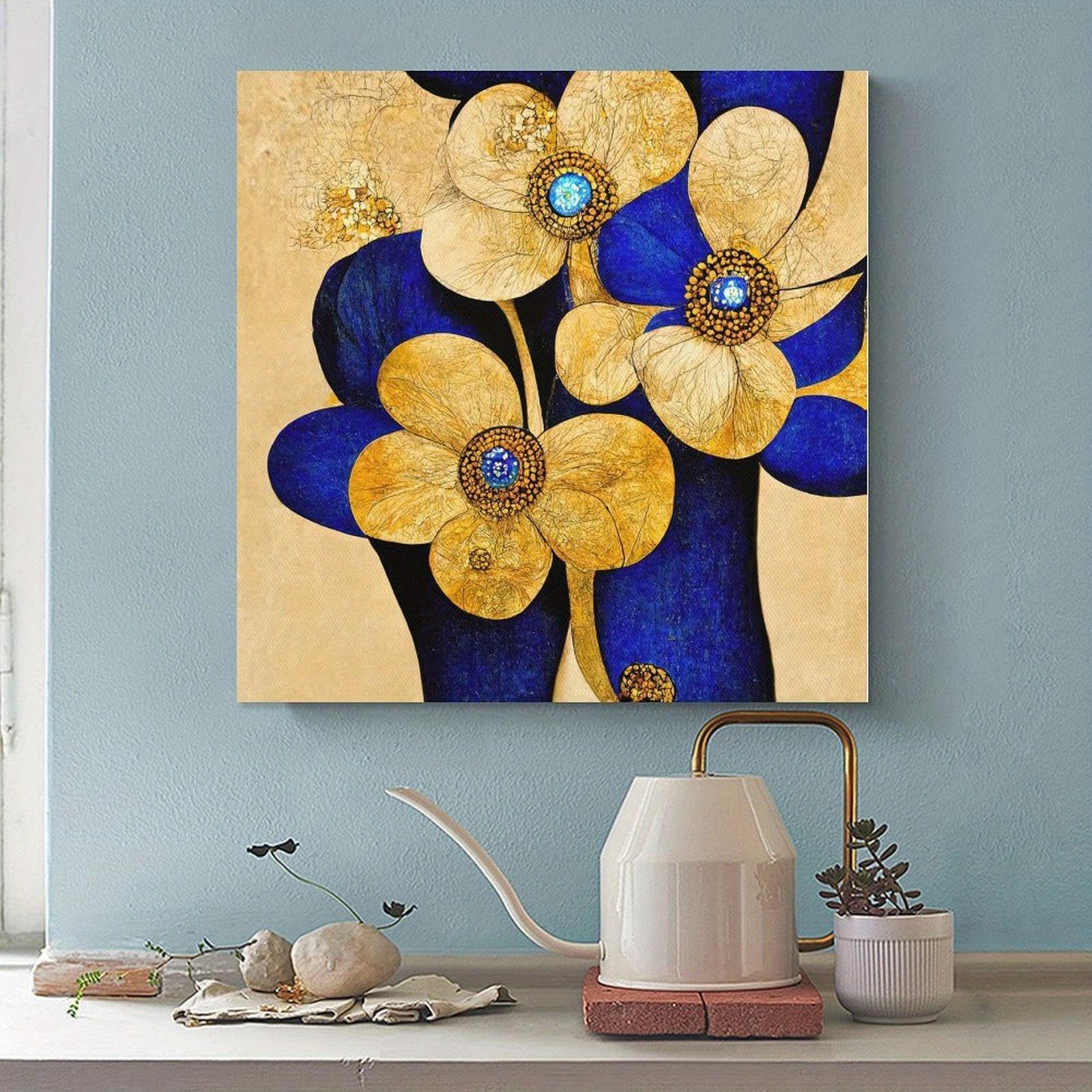 HNKDKJ Blaue und goldene Blumen, Landhaus-Bilder, rustikales Blumengemälde, gerahmte Leinwand, Kunstwerk für Esszimmer und Restaurant, 66 x 66 cm/26 x 26 Zoll – Innenrahmen