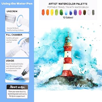 ArtSkills Travel Watercolor Kit ، مجموعة ألوان مائية للأطفال والكبار ، لوحة سفر مع فرشاة مياه
