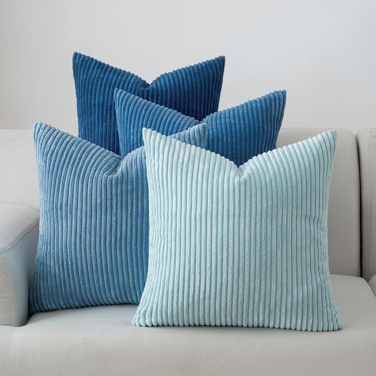 volcanics set of 4 light blue corduroy decorative couch throw pillow covers 18x18 inch, soft modern boho striped accent cushion cases for beach, patio, balcony, summer gradient shams home decor light blue 18" x 18" (pack of 4)