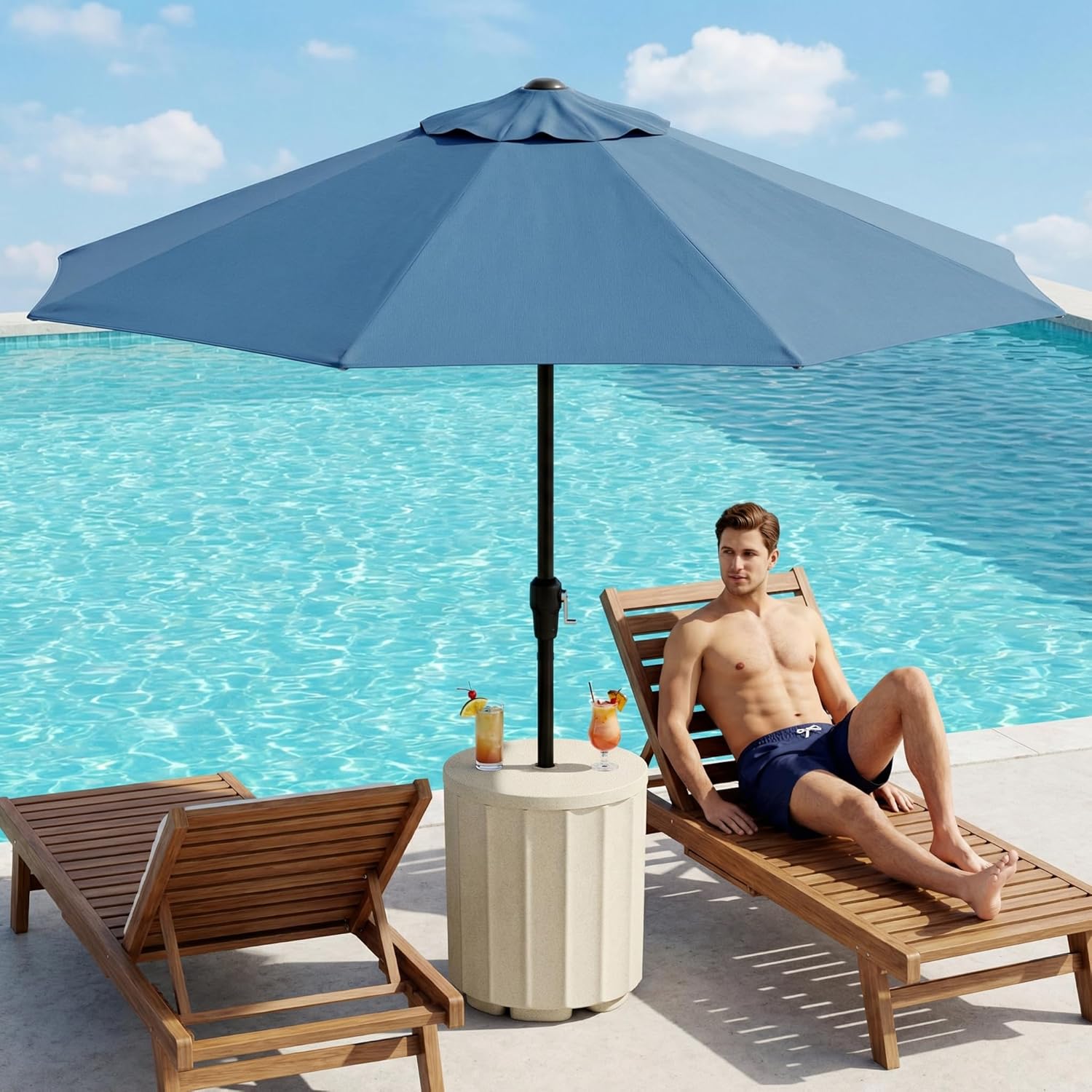 Outdoor Table, Bladder Umbrella Base with Wide Stripes, Water Filled Umbrella Base, All Weather Side Table Fits Up to 1.6" Pole, Up to 15 Inches of Water, for Beach, Yard, Garden, Beige