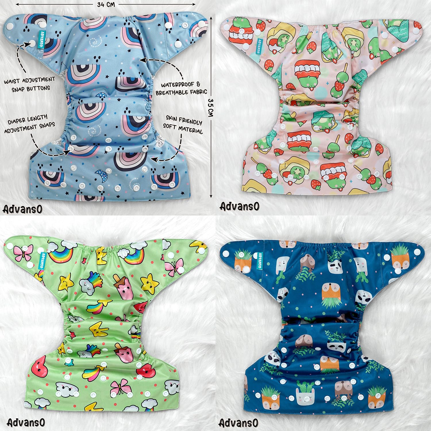 Advanso Leakage Proof cloth diapers for babies, high absorbent 4 reusable diaper 4 insert pad combo pack washable cloth diaper free size 5-18kg adjustable pocket cover 42 3