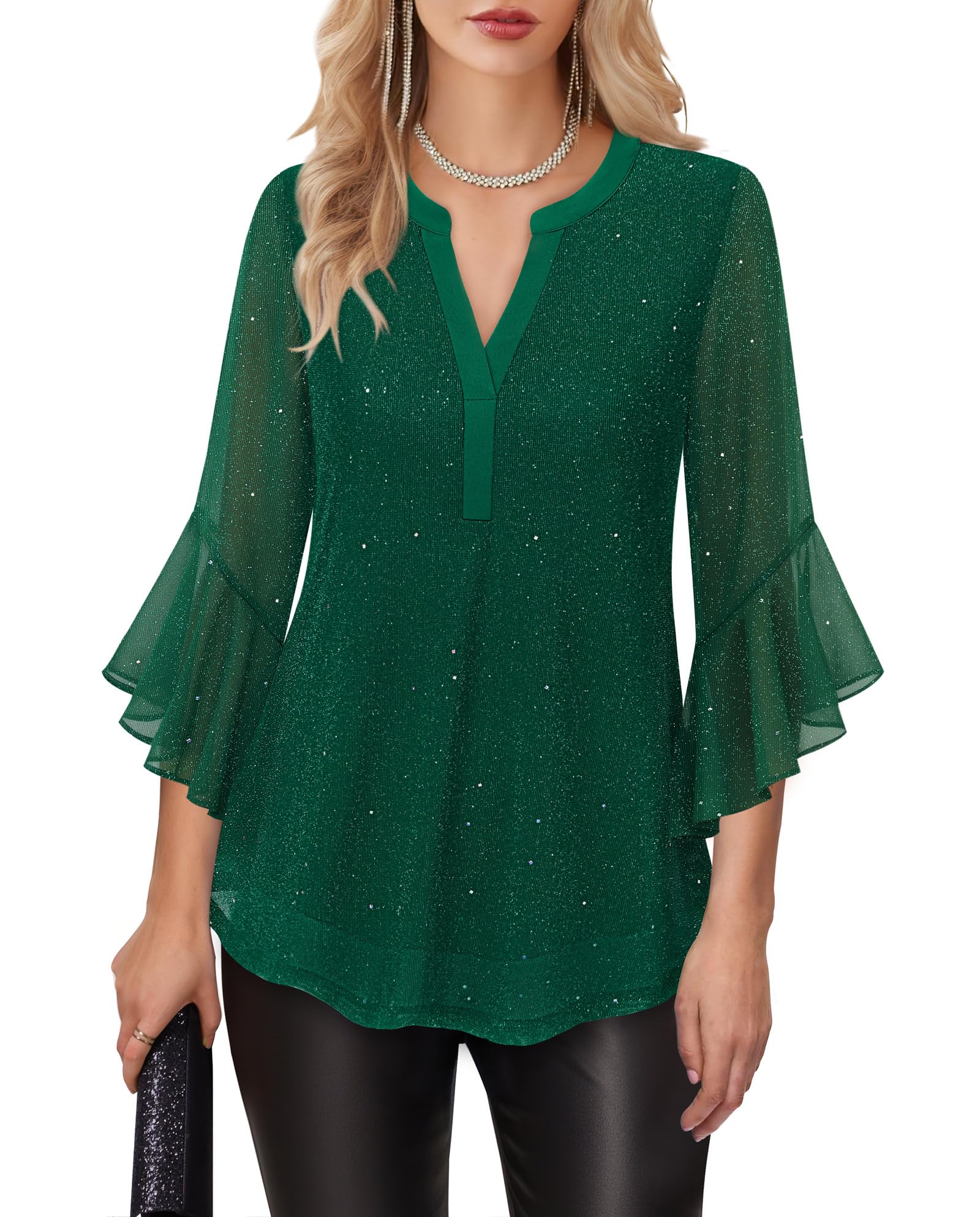 Lotusmile Women's 3/4 Sleeve Dressy Tops Elegant V Neck Blouse for Women Casual Work Evening Party, Emerald Green, Large